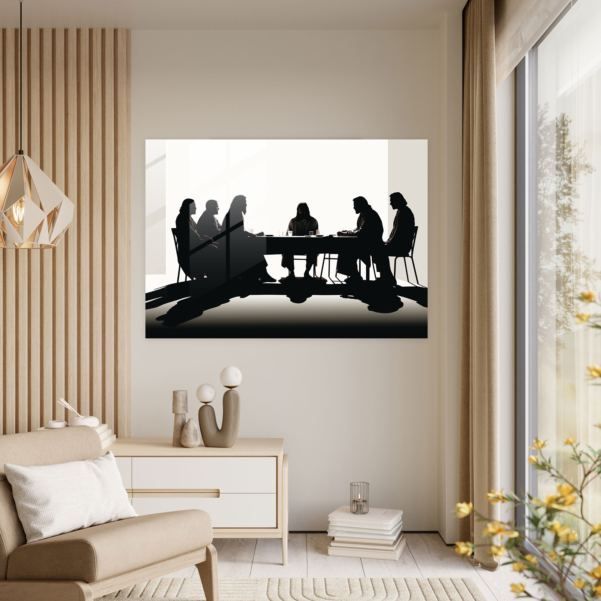 Glasbild in minimalistischem Stil - Das letzte Abendmahl Jesu Christi minimalistische Kunst monochromes Farbschema Gefühl der Ruhe.