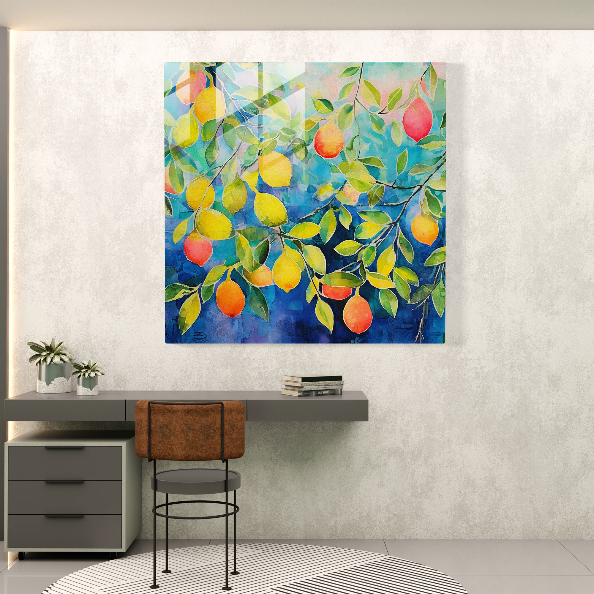Lemon Tree Abstract Glass Print - Lemon Tree, Modern Art, Colorful Fruits, Lemon Tree