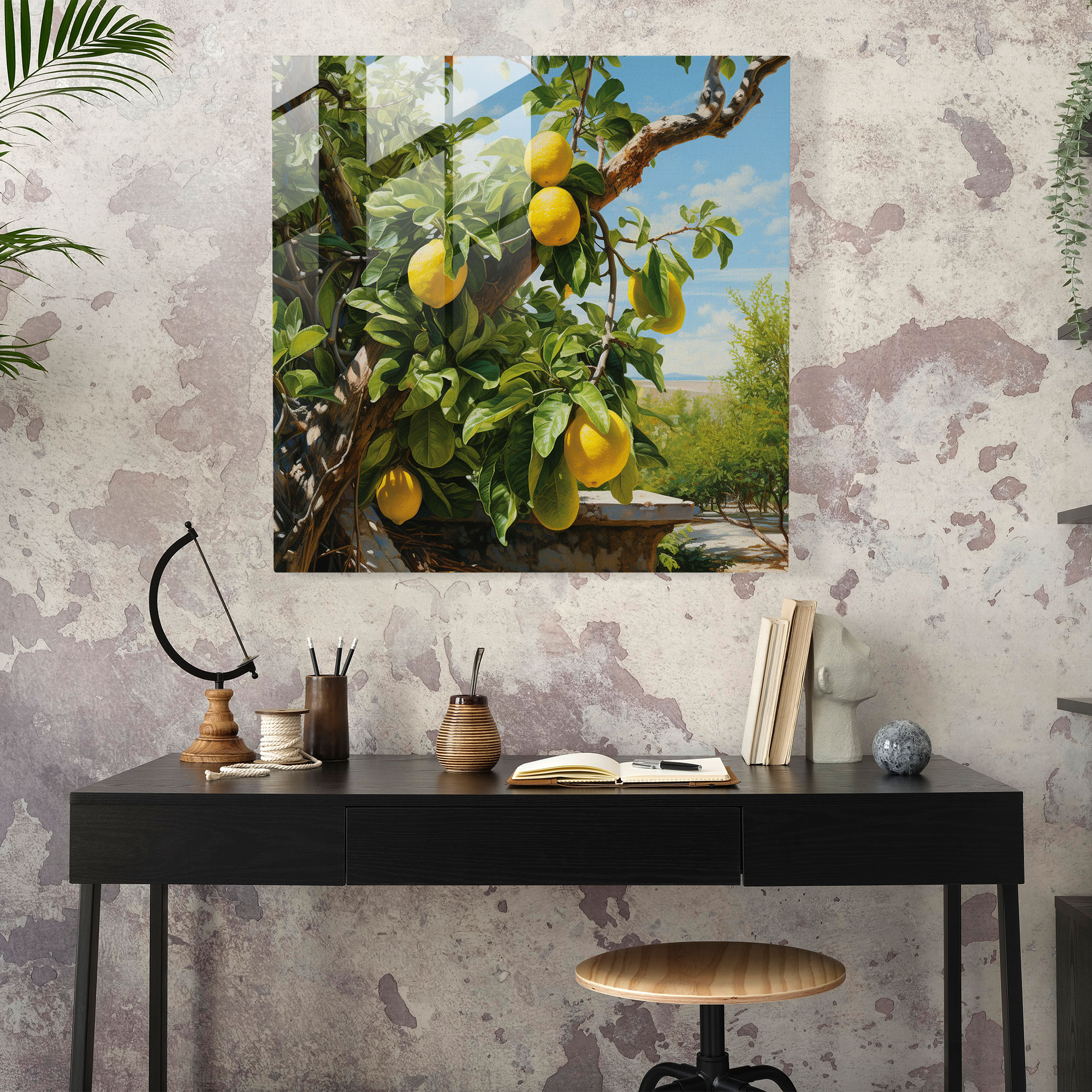 Lifelike Lemon Tree Glass Print - Lemon Tree, Home Decoration, Glass Art, Full Bloom