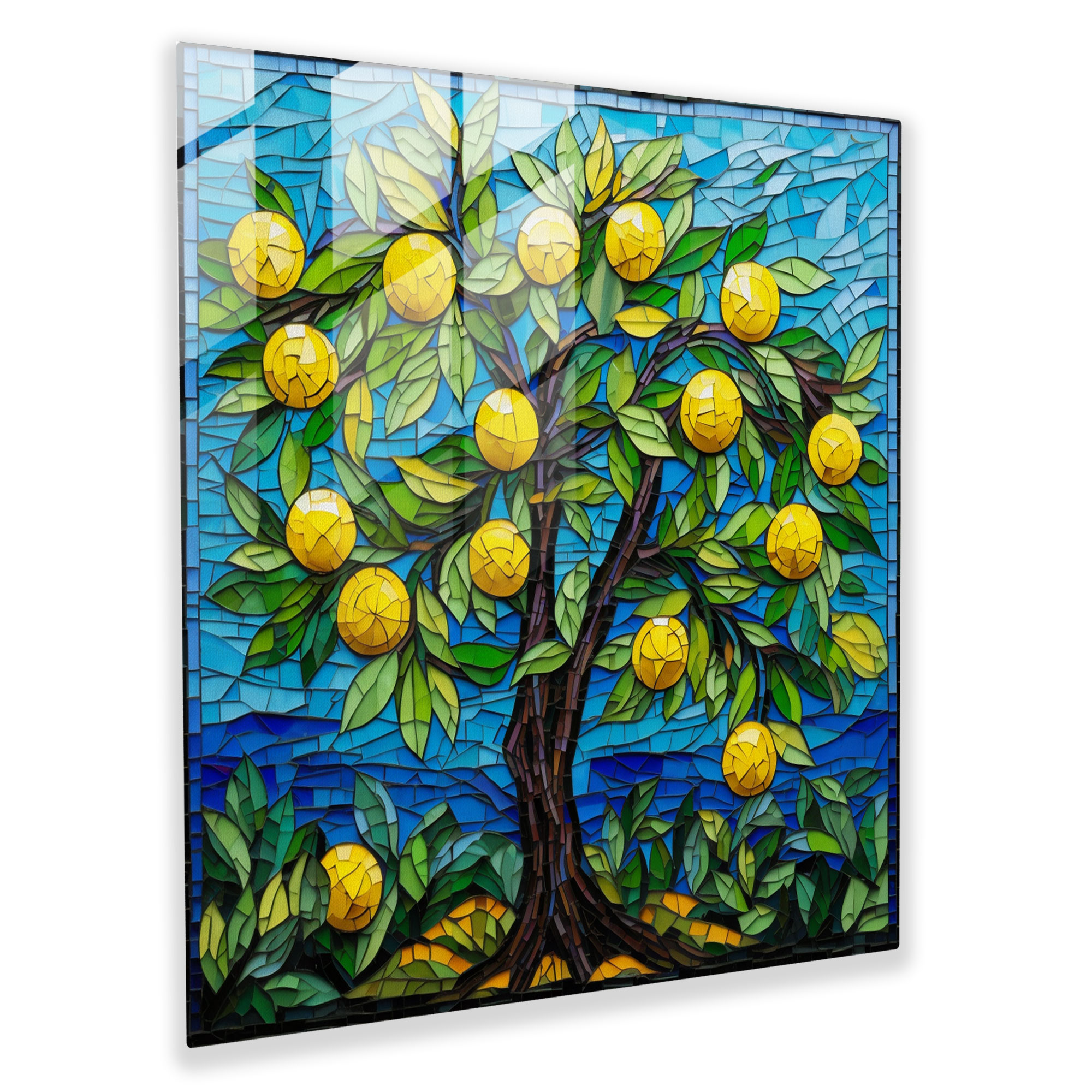Mosaic Lemon Tree Glass Print - Lemon Tree, Lemon Tree, Wall Decoration, Vibrant Composition
