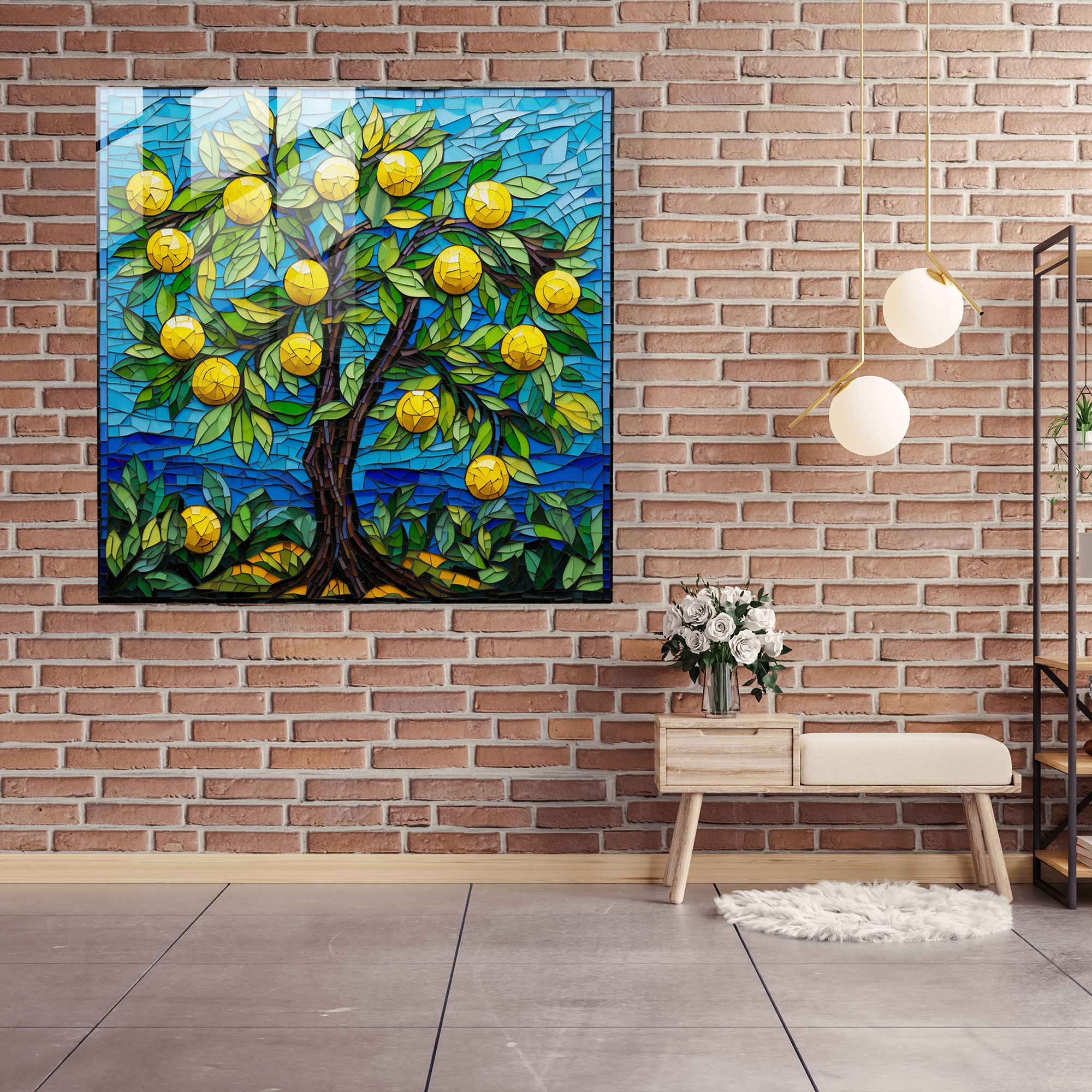 Mosaic Lemon Tree Glass Print - Lemon Tree, Lemon Tree, Wall Decoration, Vibrant Composition