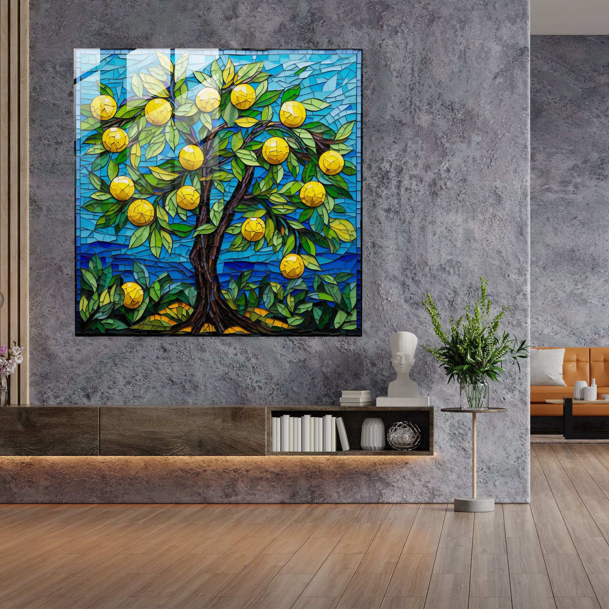 Mosaic Lemon Tree Glass Print - Lemon Tree, Lemon Tree, Wall Decoration, Vibrant Composition