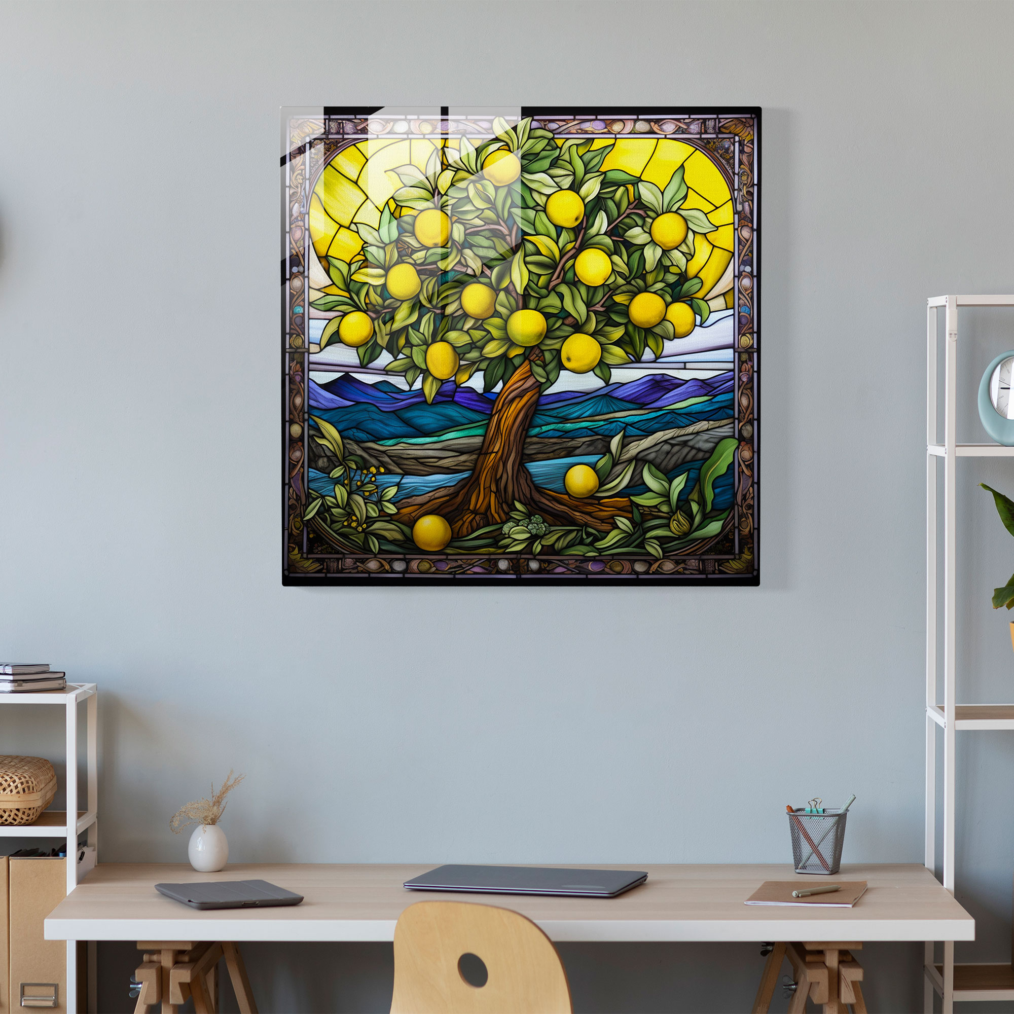 Limon Ağacı Stained Glass Kanvas Tablo - Cennet Bahçesi Temalı Duvar Dekorasyonu
