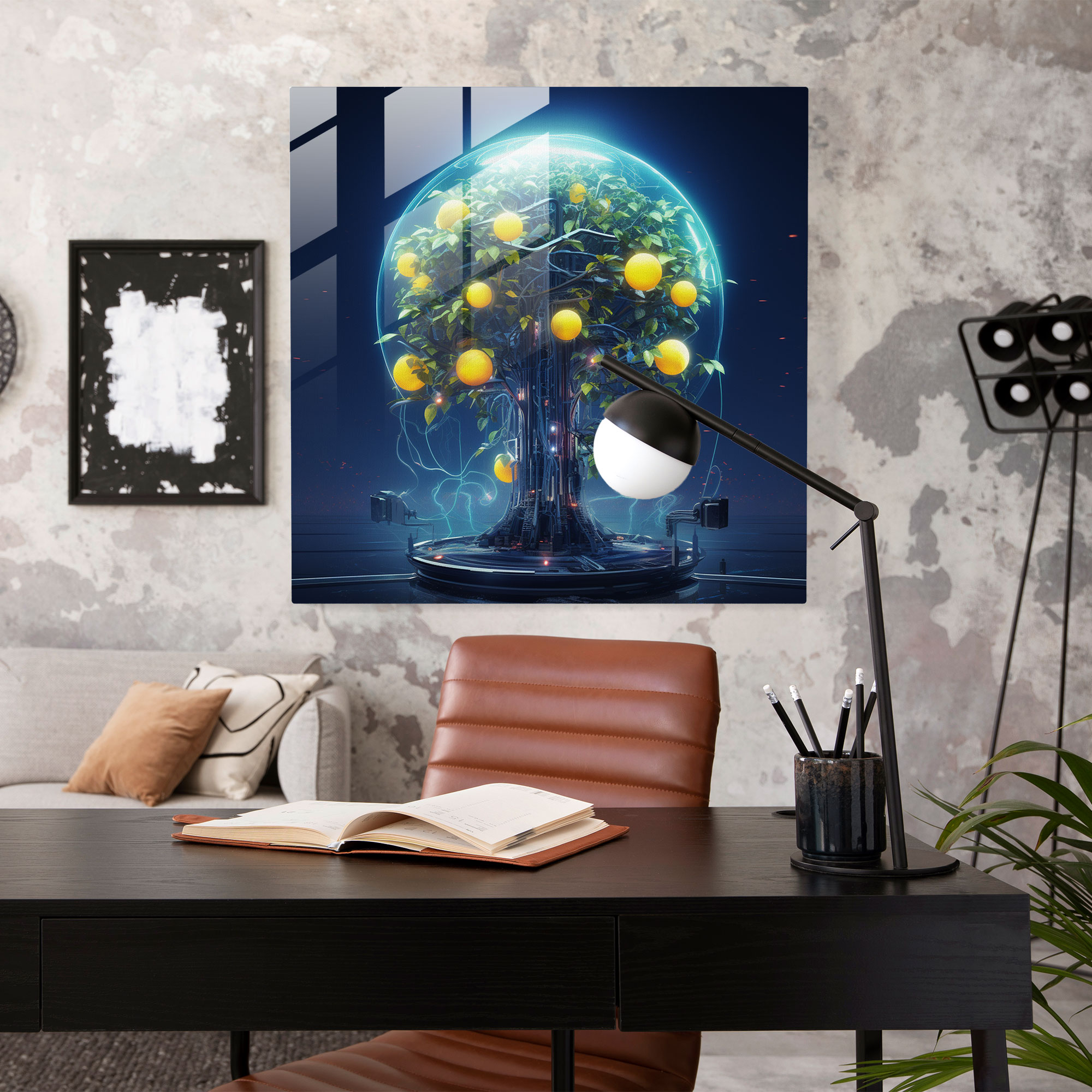 Gelecek Odaklı Limon Ağacı Cam Tablo - Limon Ağacı Cam Sanat Ev Dekorasyonu