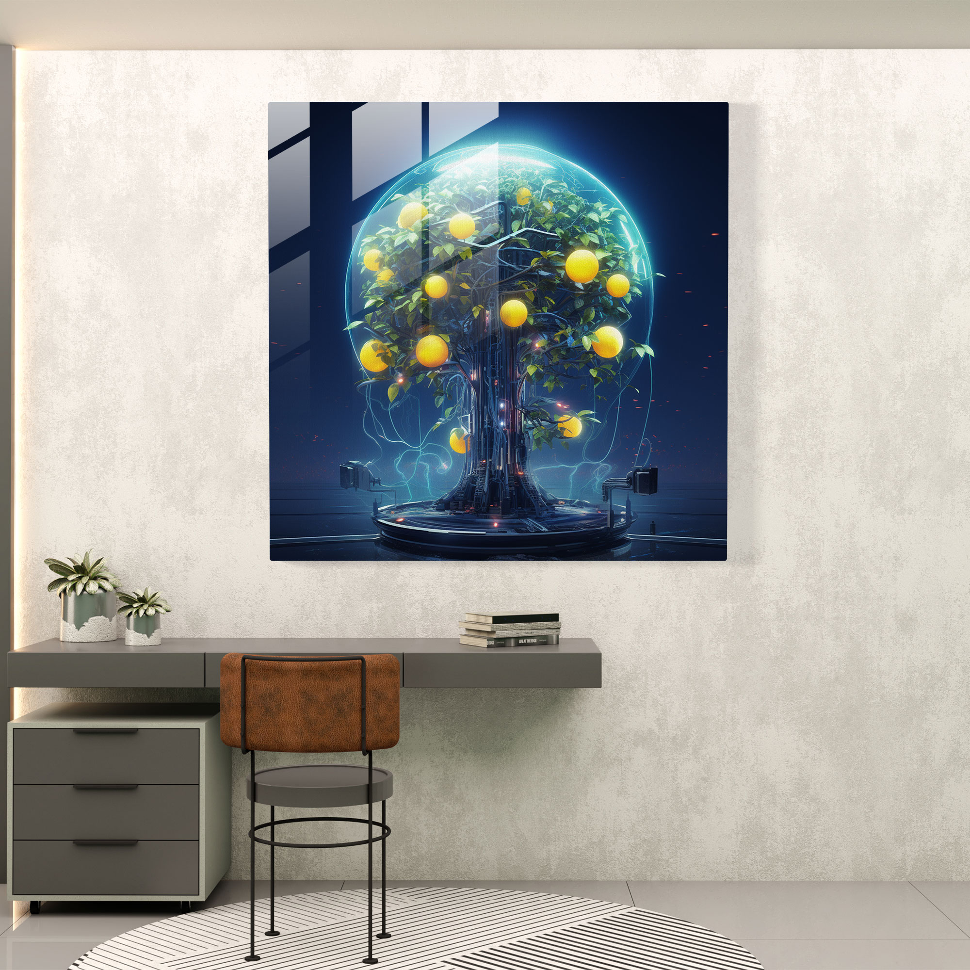 Gelecek Odaklı Limon Ağacı Cam Tablo - Limon Ağacı Cam Sanat Ev Dekorasyonu