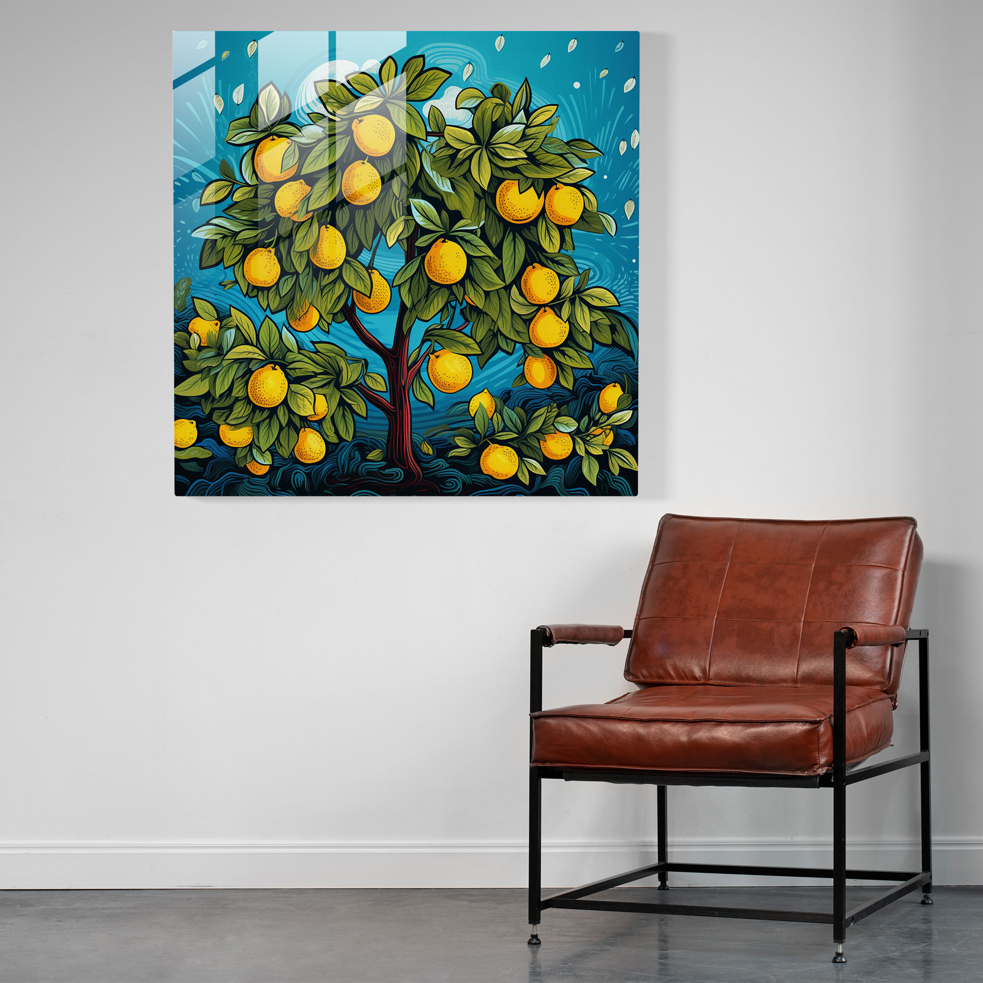 Playful Lemon Tree Glass Print - Lemon Tree, Glass Art, Illustration, Home Decoration