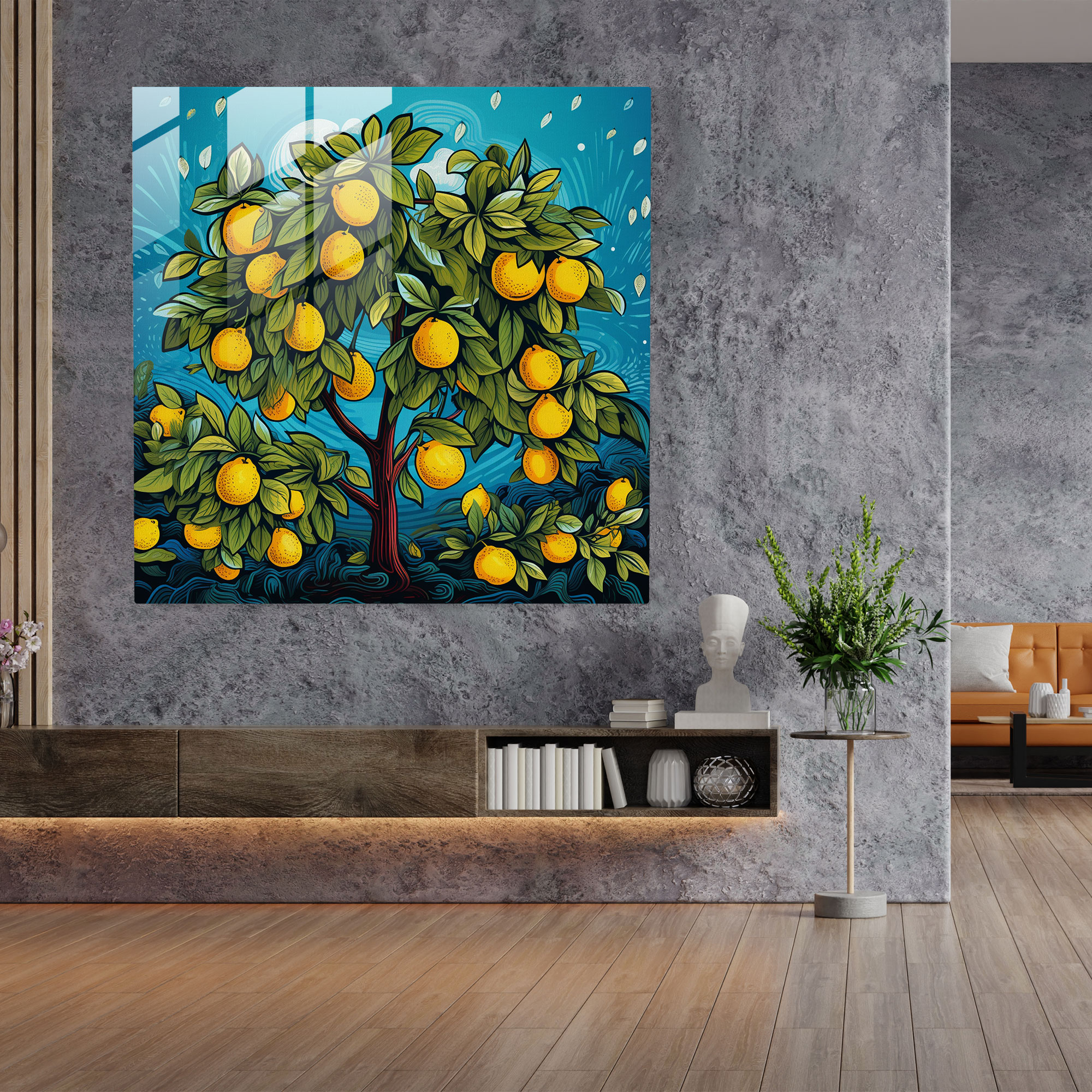 Playful Lemon Tree Glass Print - Lemon Tree, Glass Art, Illustration, Home Decoration