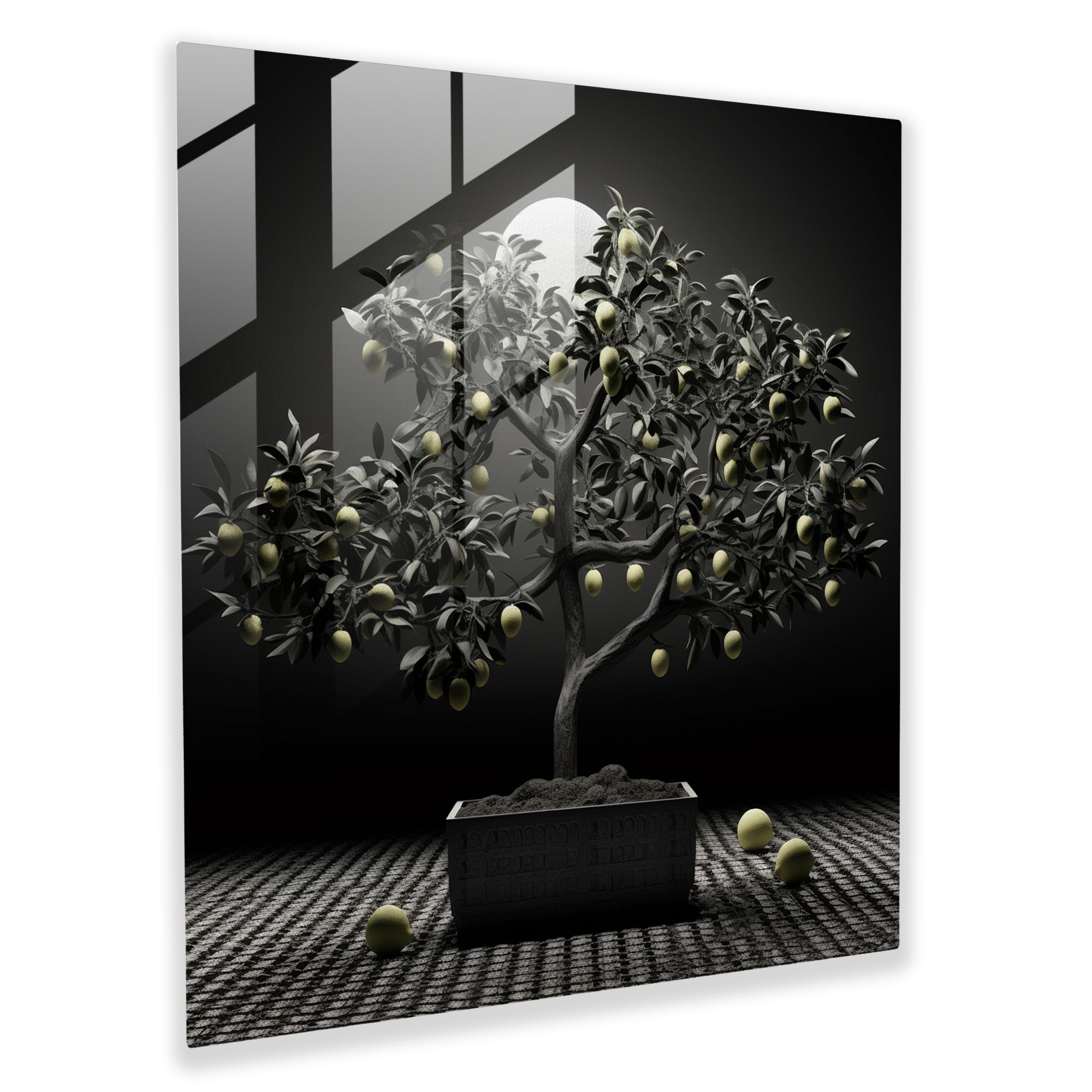 Monochrome Lemon Tree Glass Print - Lemon Tree, Wall Decoration, Modern Art, Digital Art