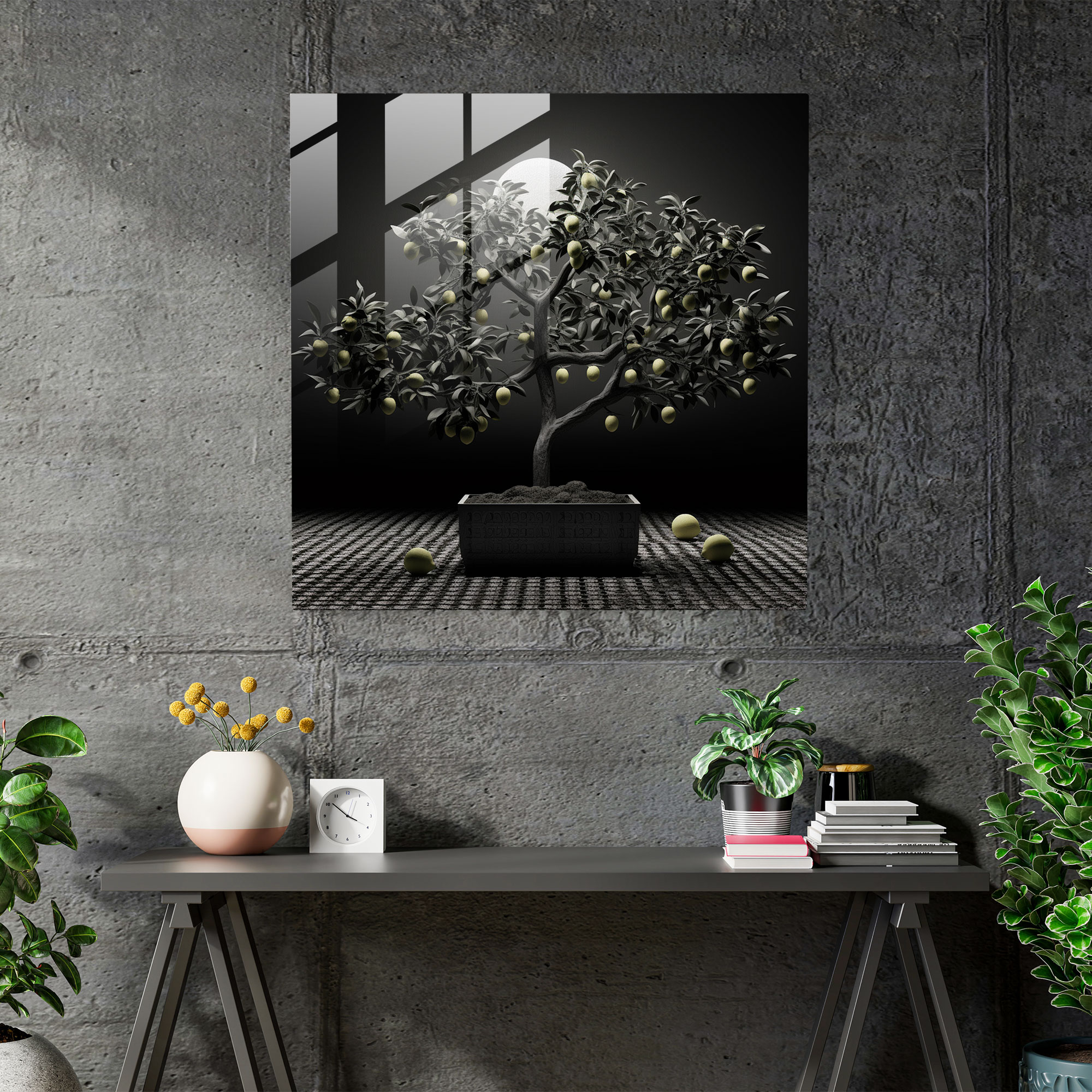 Monochrome Lemon Tree Glass Print - Lemon Tree, Wall Decoration, Modern Art, Digital Art