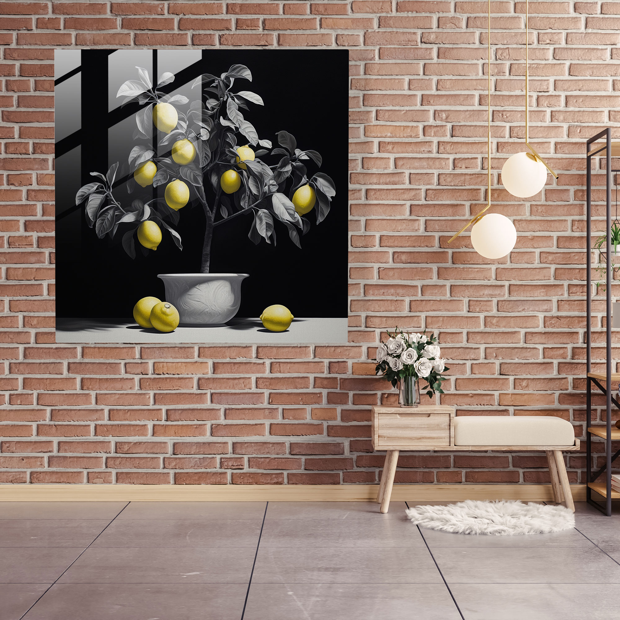 Monochromatic Lemon Tree Glass Print - Lemon Tree, Glass Print, Lemon Tree, Home Decoration