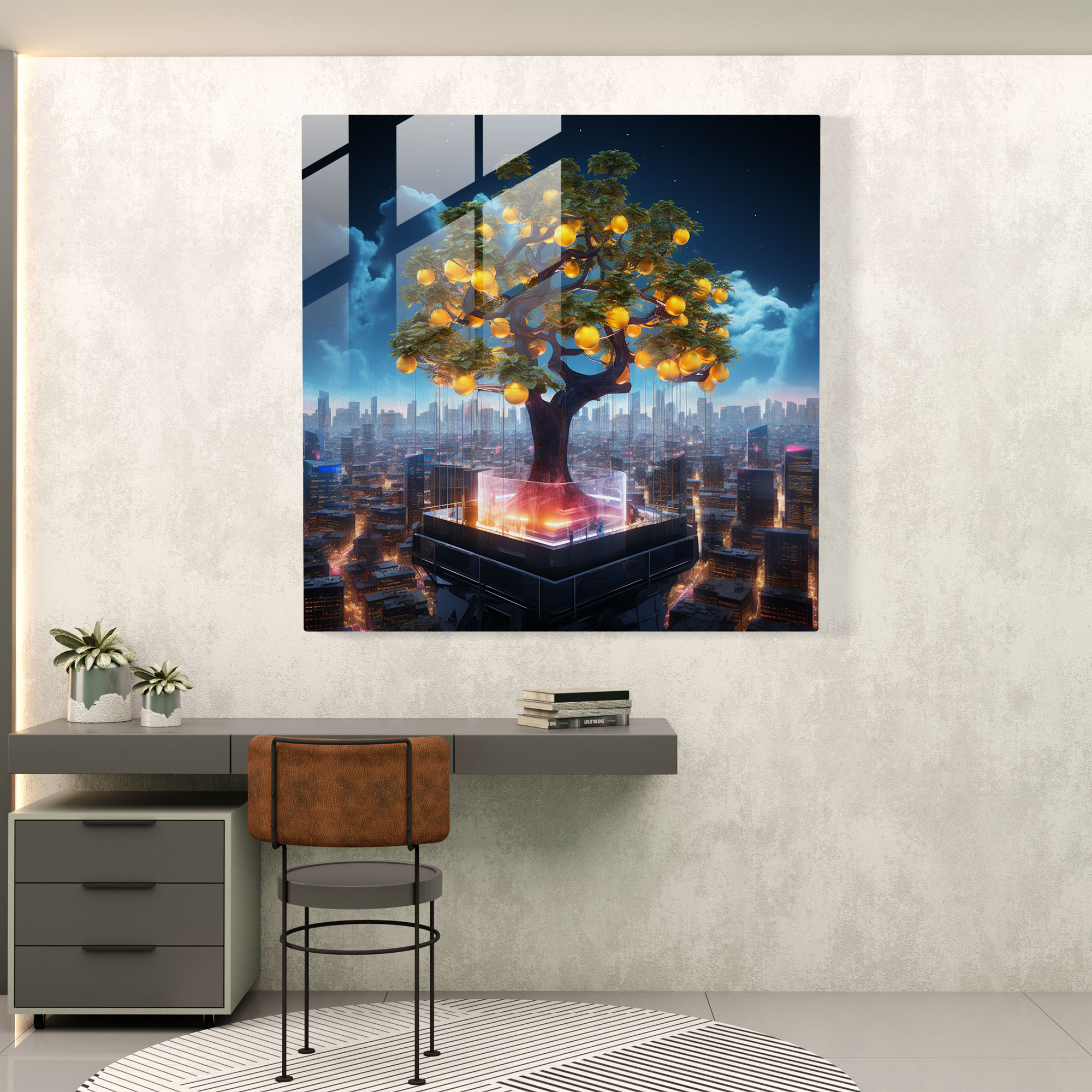 Gelecek Odaklı Limon Ağacı Cam Tablo - Limon Ağacı Cam Tablo Ev Dekorasyonu Modern Sanat