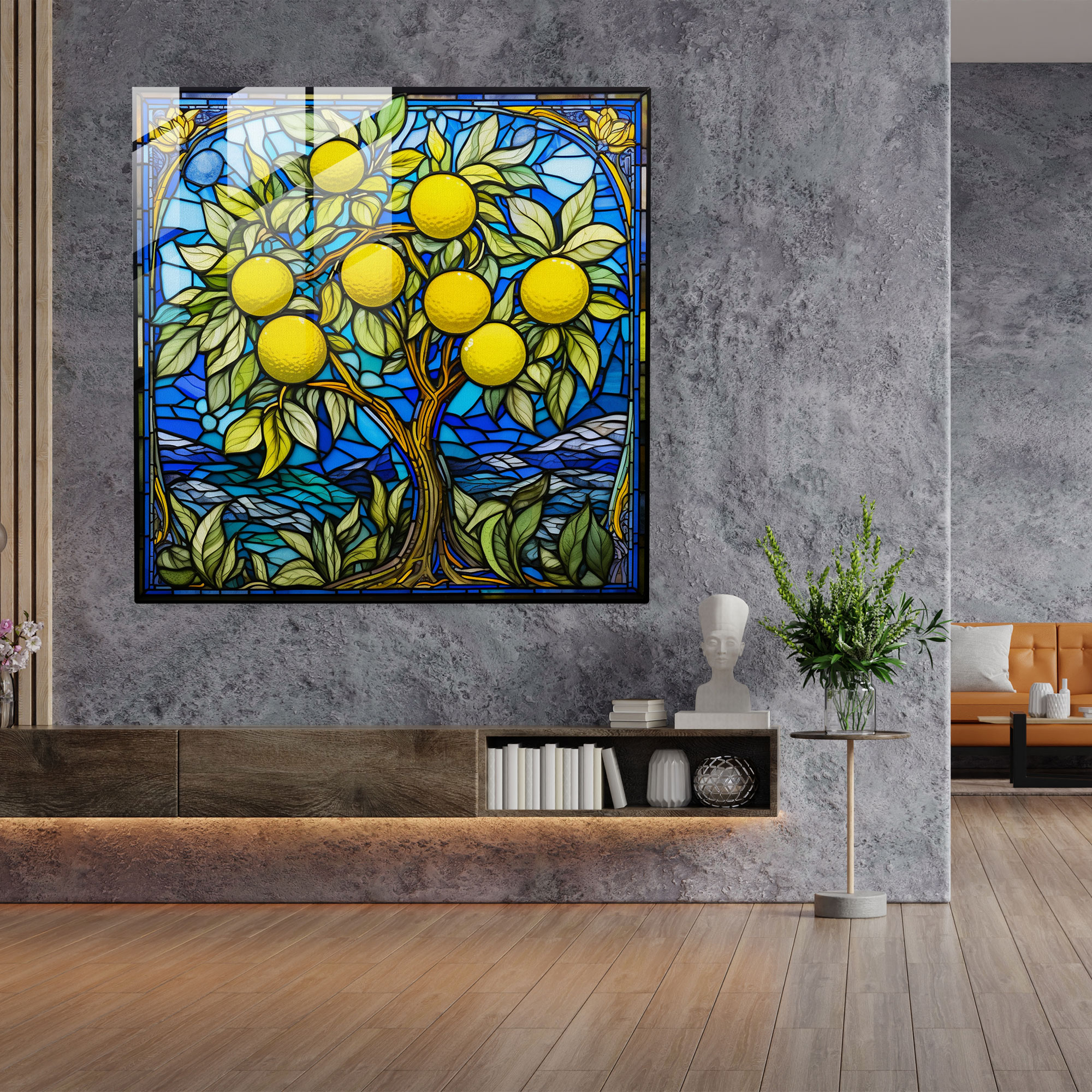 Intricate Lemon Tree Glass Print - Lemon Tree, Stained Glass Mosaic, Lemon Tree, Glass Wall Art