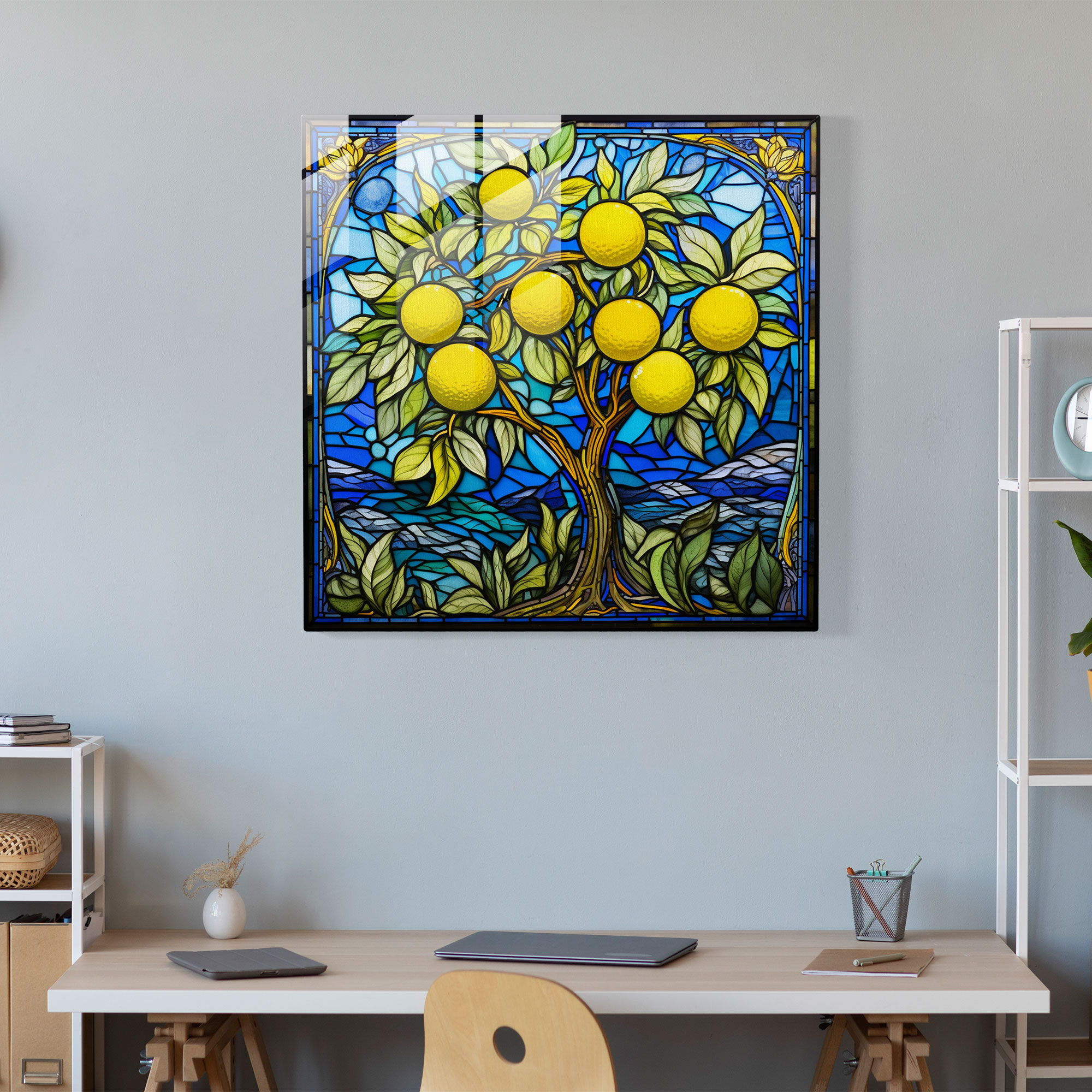 Intricate Lemon Tree Glass Print - Lemon Tree, Stained Glass Mosaic, Lemon Tree, Glass Wall Art