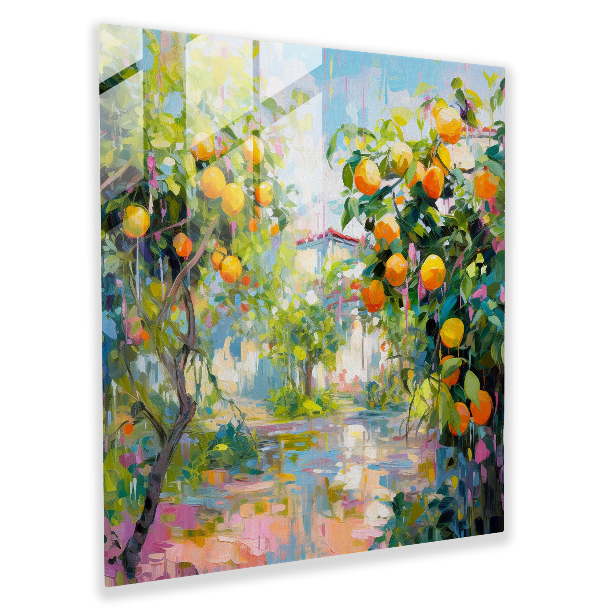 Vibrant Lemon Tree Garden Glass Print - Lemon Tree, Glass Wall Art, Modern Art, Glass Print