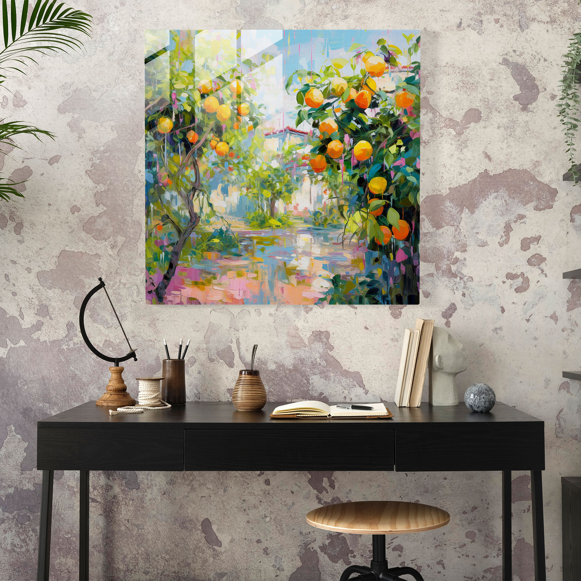 Vibrant Lemon Tree Garden Glass Print - Lemon Tree, Glass Wall Art, Modern Art, Glass Print