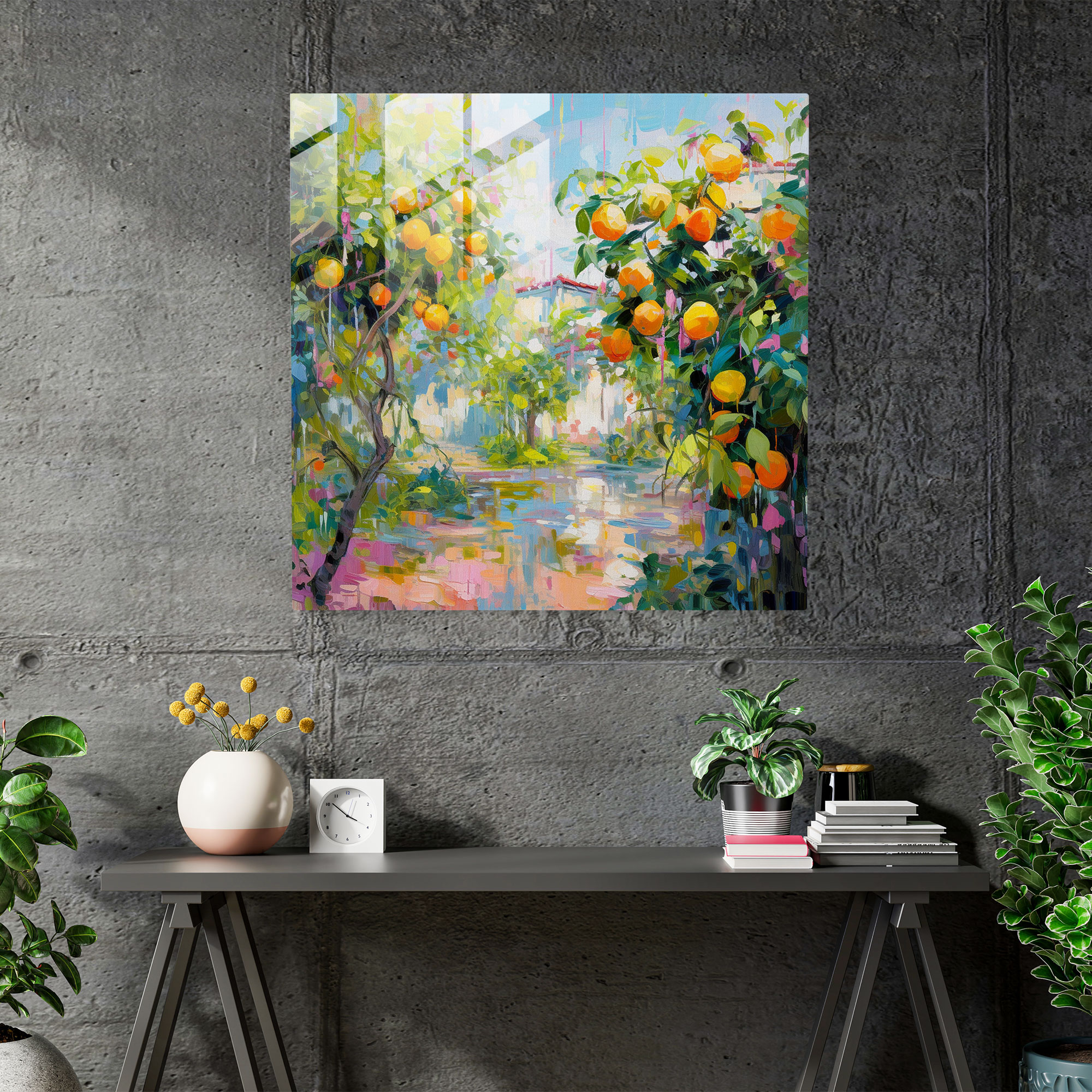 Vibrant Lemon Tree Garden Glass Print - Lemon Tree, Glass Wall Art, Modern Art, Glass Print