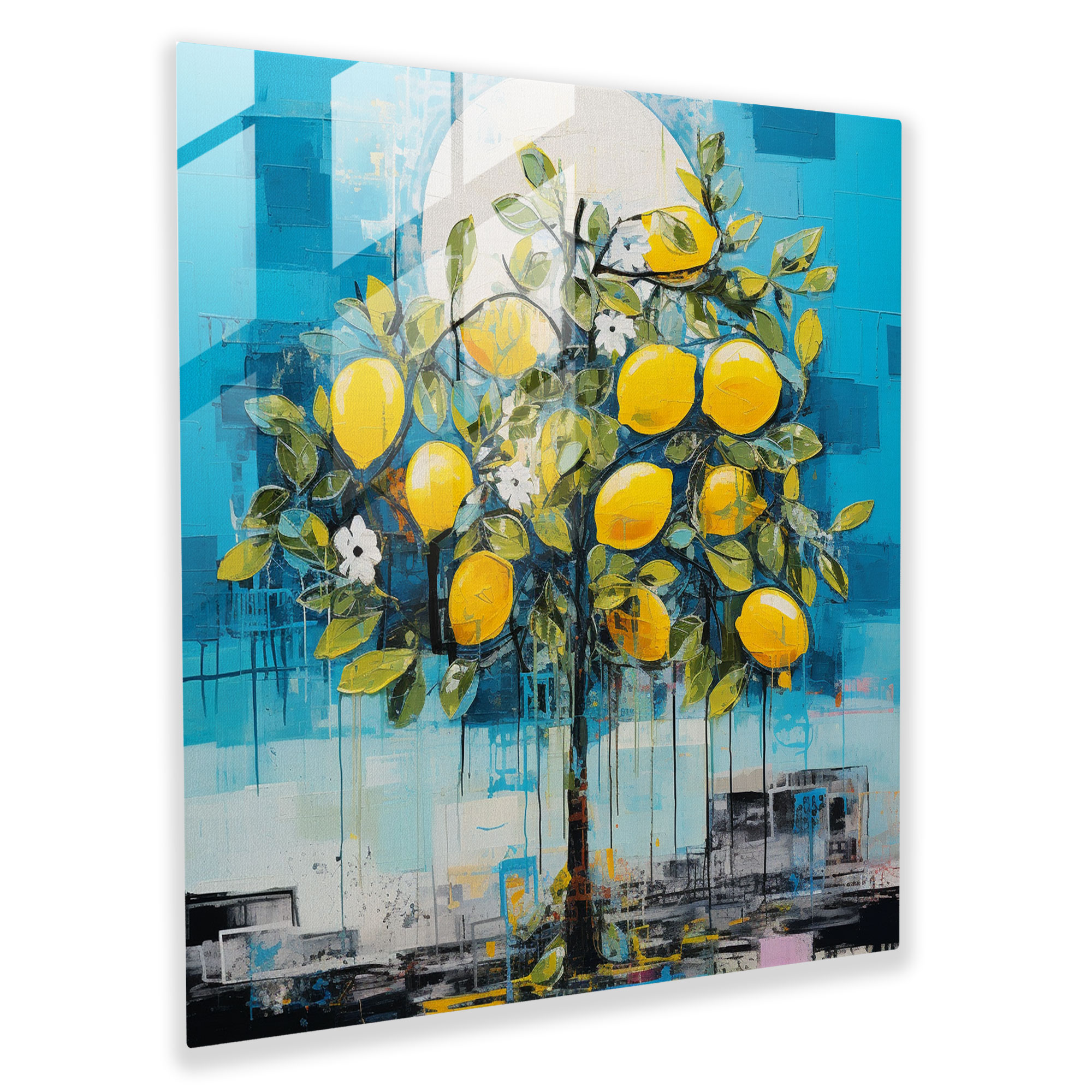 Contemporary Lemon Tree Mixed Media Art - Lemon Tree, Glass Print, Vibrant Colors, Home Decoration