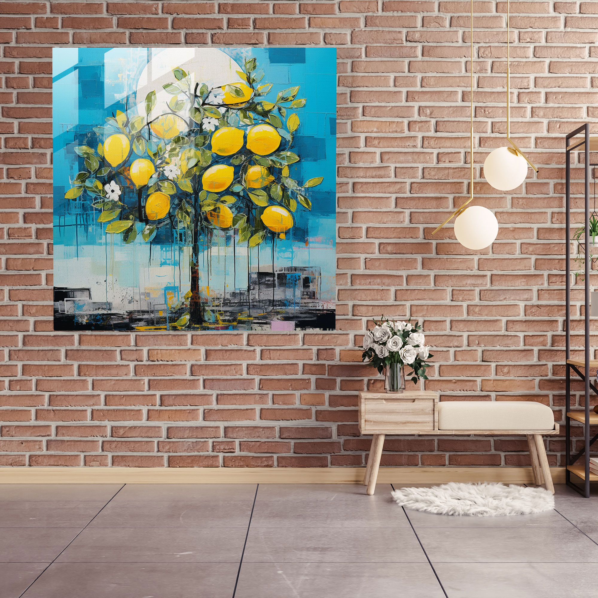 Contemporary Lemon Tree Mixed Media Art - Lemon Tree, Glass Print, Vibrant Colors, Home Decoration