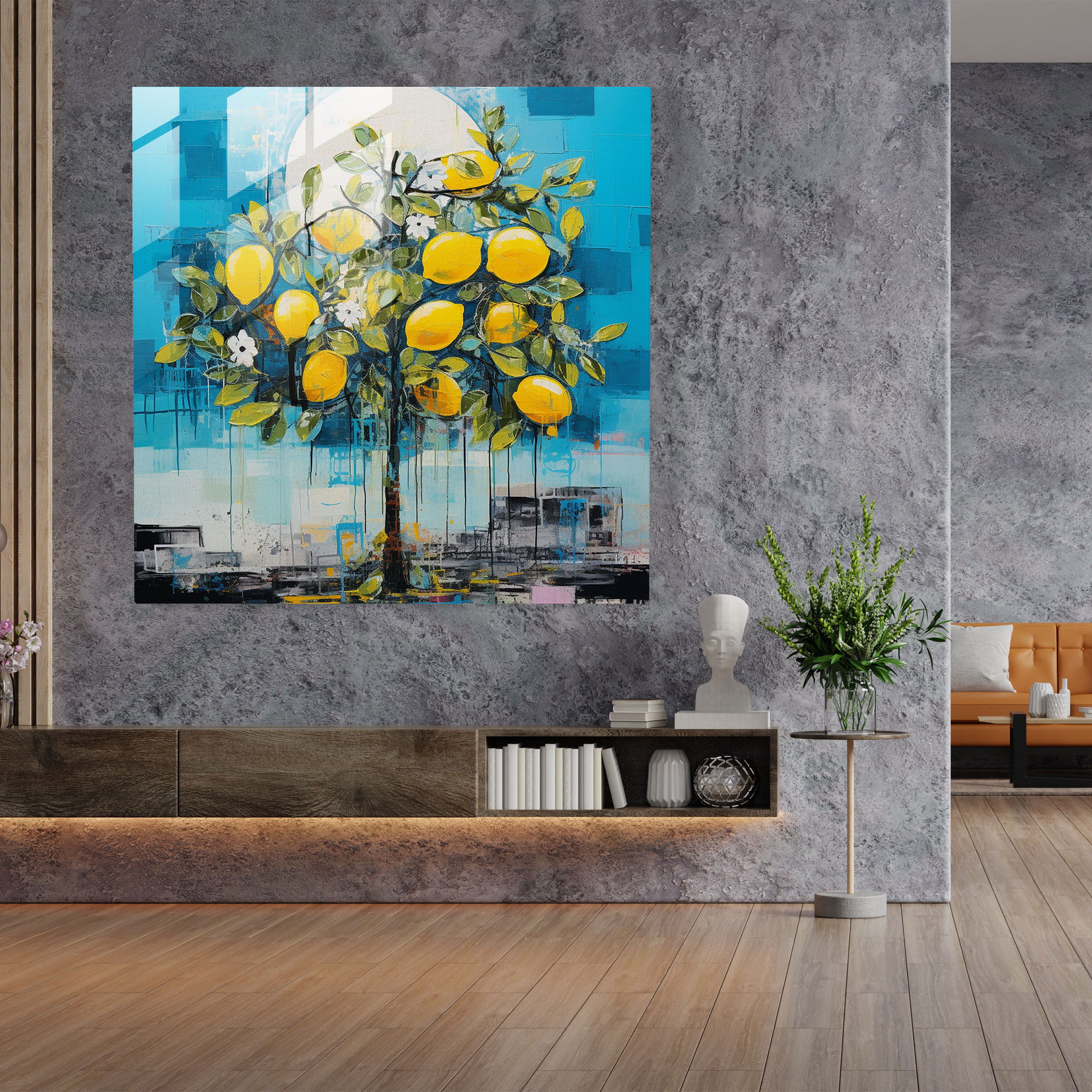 Contemporary Lemon Tree Mixed Media Art - Lemon Tree, Glass Print, Vibrant Colors, Home Decoration