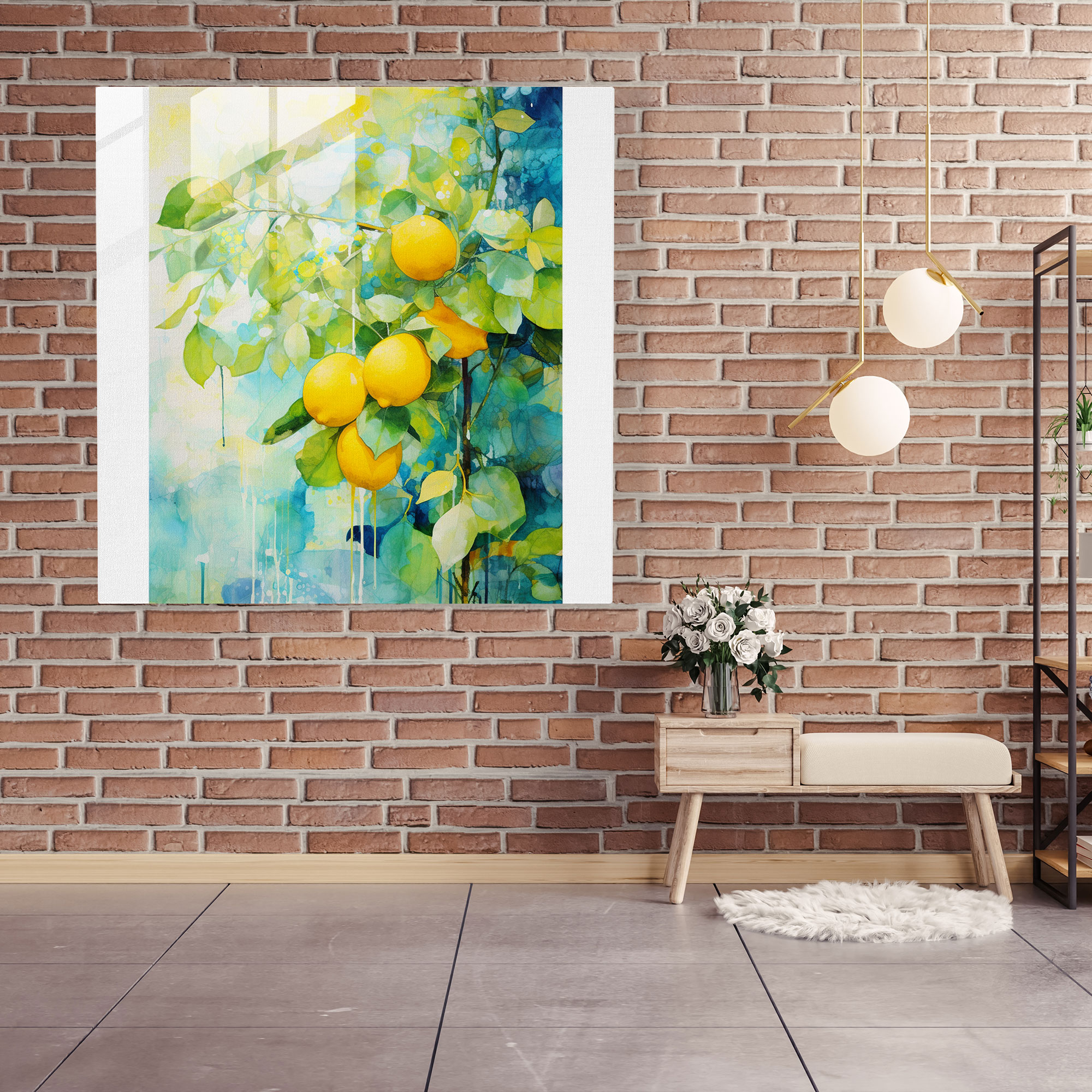 Limon Ağacı Cam Tablo - Soyut Suluboya Resim - Limon Ağacı Ev Dekorasyonu Modern Sanat