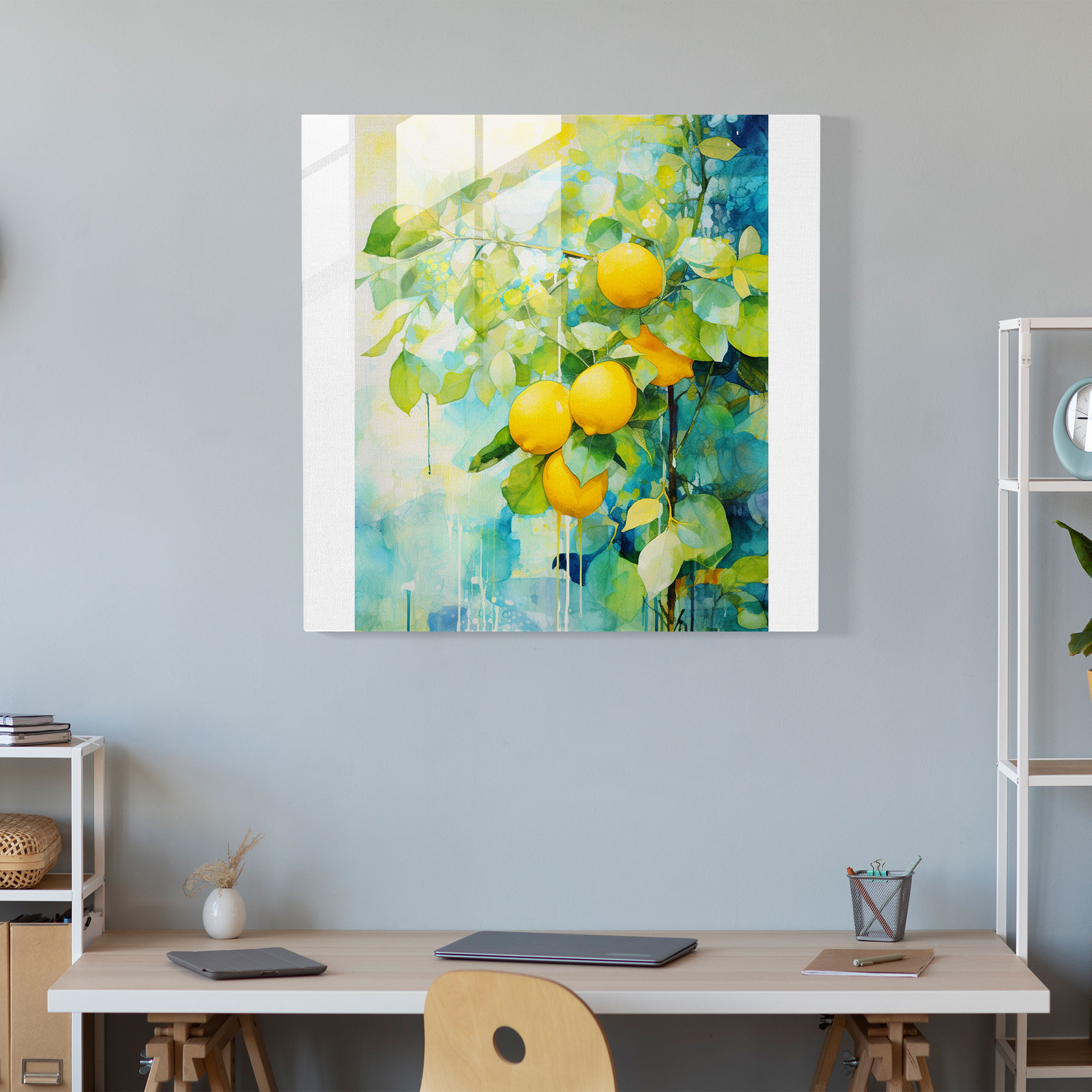 Limon Ağacı Cam Tablo - Soyut Suluboya Resim - Limon Ağacı Ev Dekorasyonu Modern Sanat