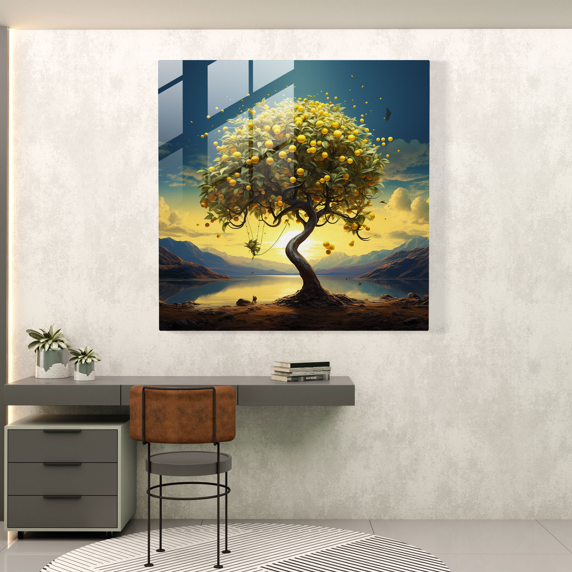 Limon Ağacı Cam Tablo Baskı - Dijital Sanat Baskısı - Limon Ağacı Dijital Sanat Cam Duvar Sanatı Manzara