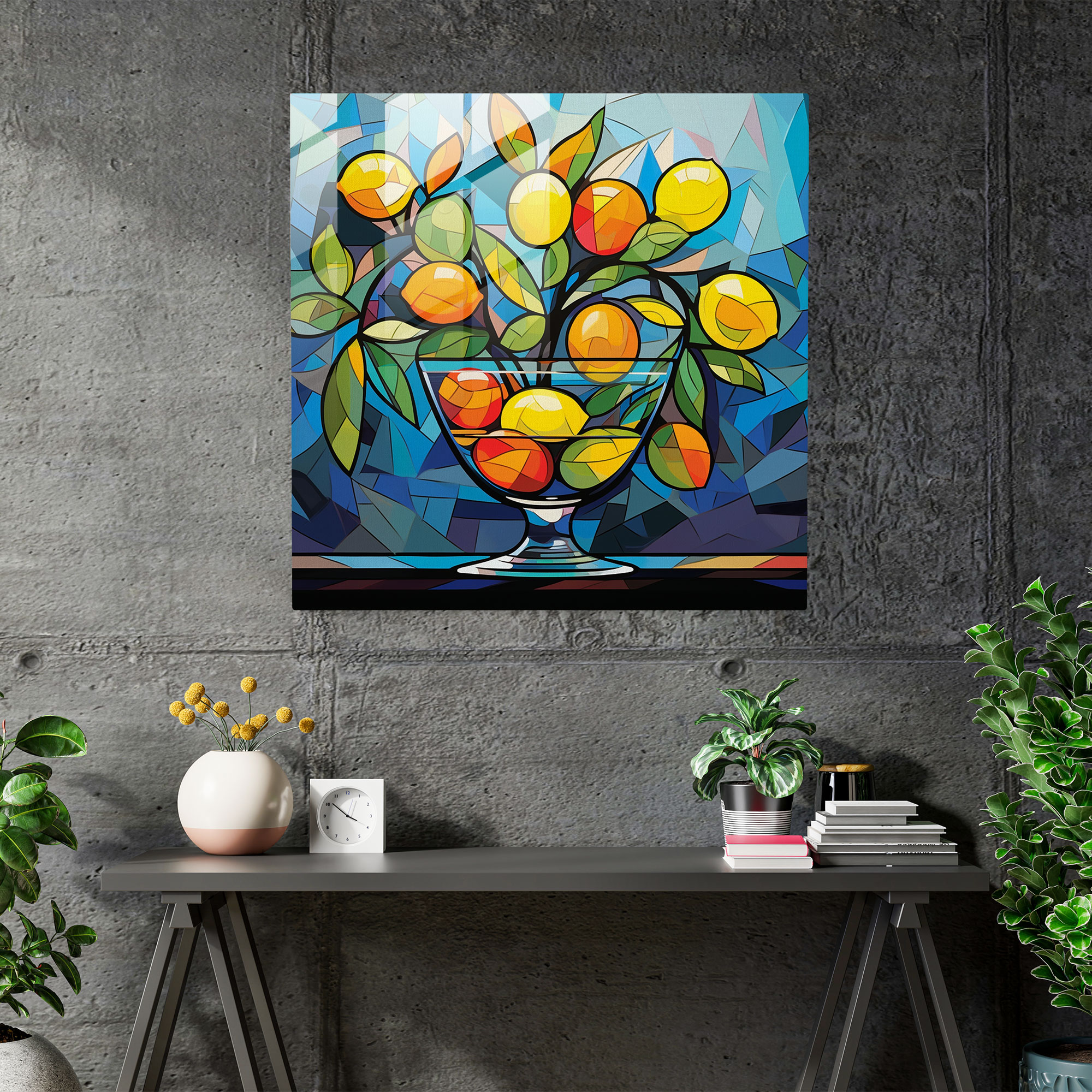 Lemon Tree Glasbild - Pop-Art-inspiriert - Zitronenbaum Glaswandkunst Wohnkultur Kräftige Farben