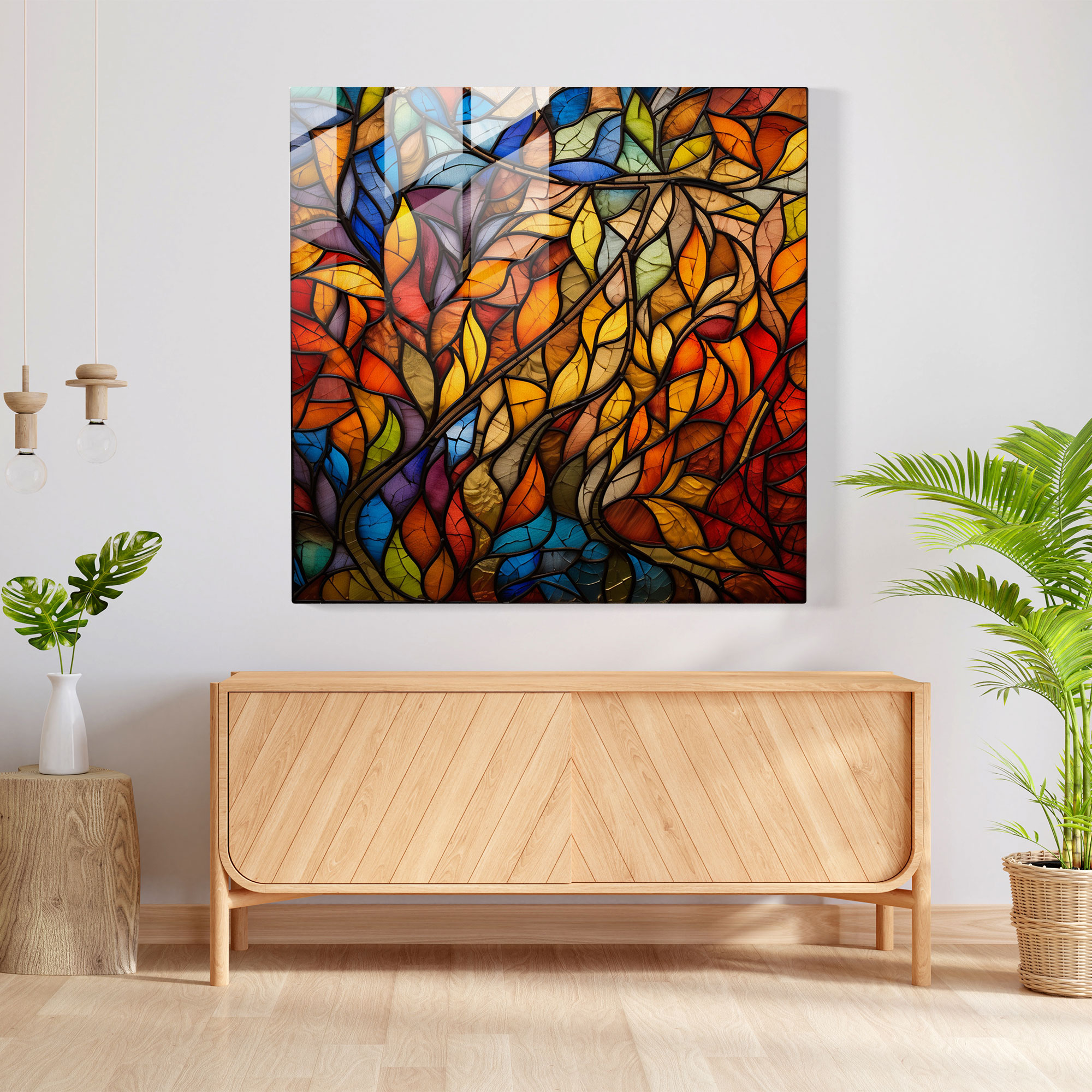 Glasbild Blätterwandkunst - Blätter Abstrakt Mosaik Glasdruck