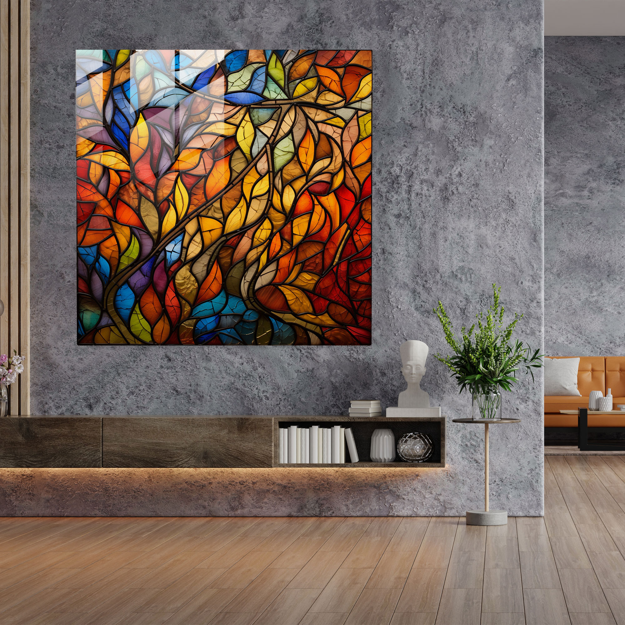 Glasbild Blätterwandkunst - Blätter Abstrakt Mosaik Glasdruck