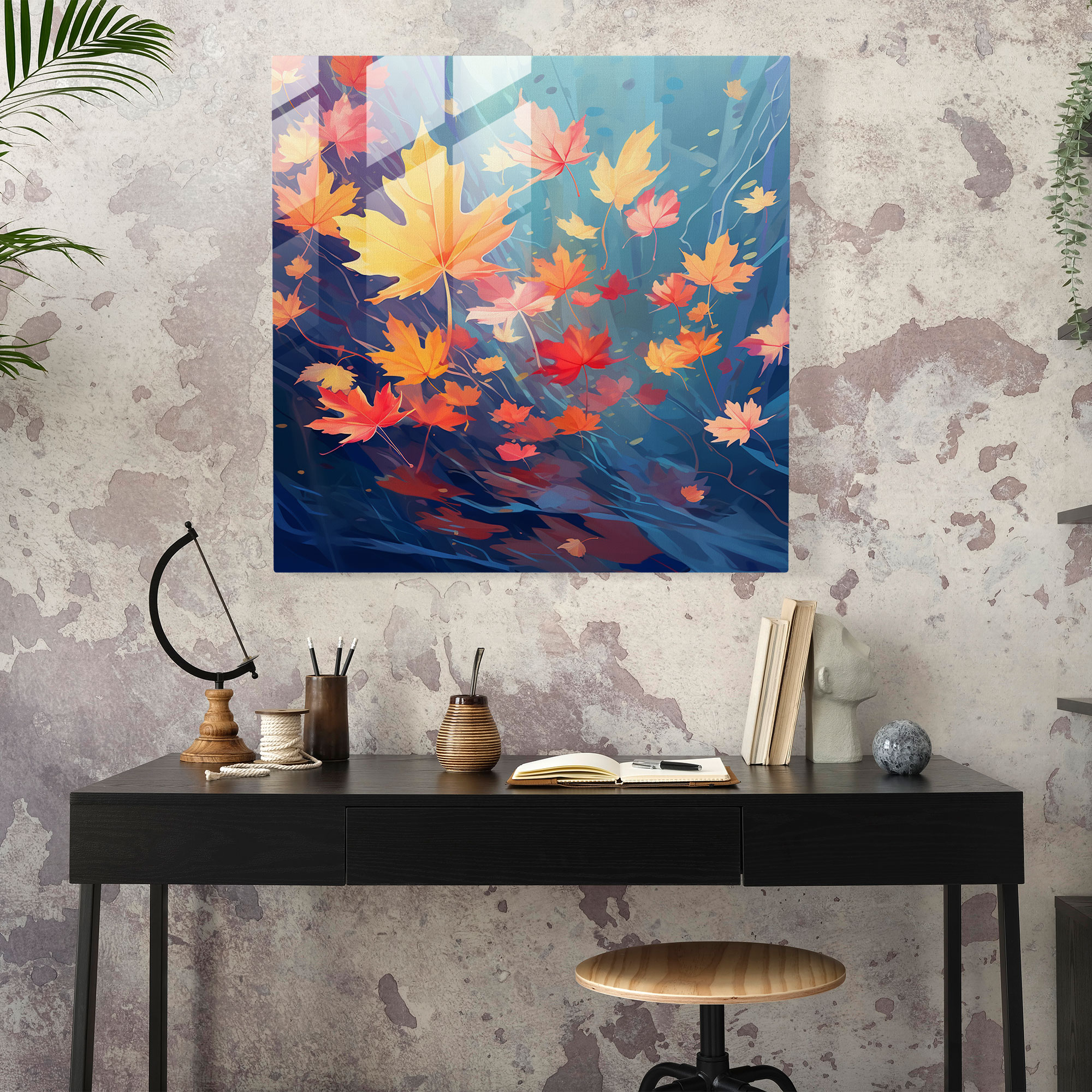 Schwebende Blätter Glaswandkunst - Blätter Bunt Herbst Wanddekoration