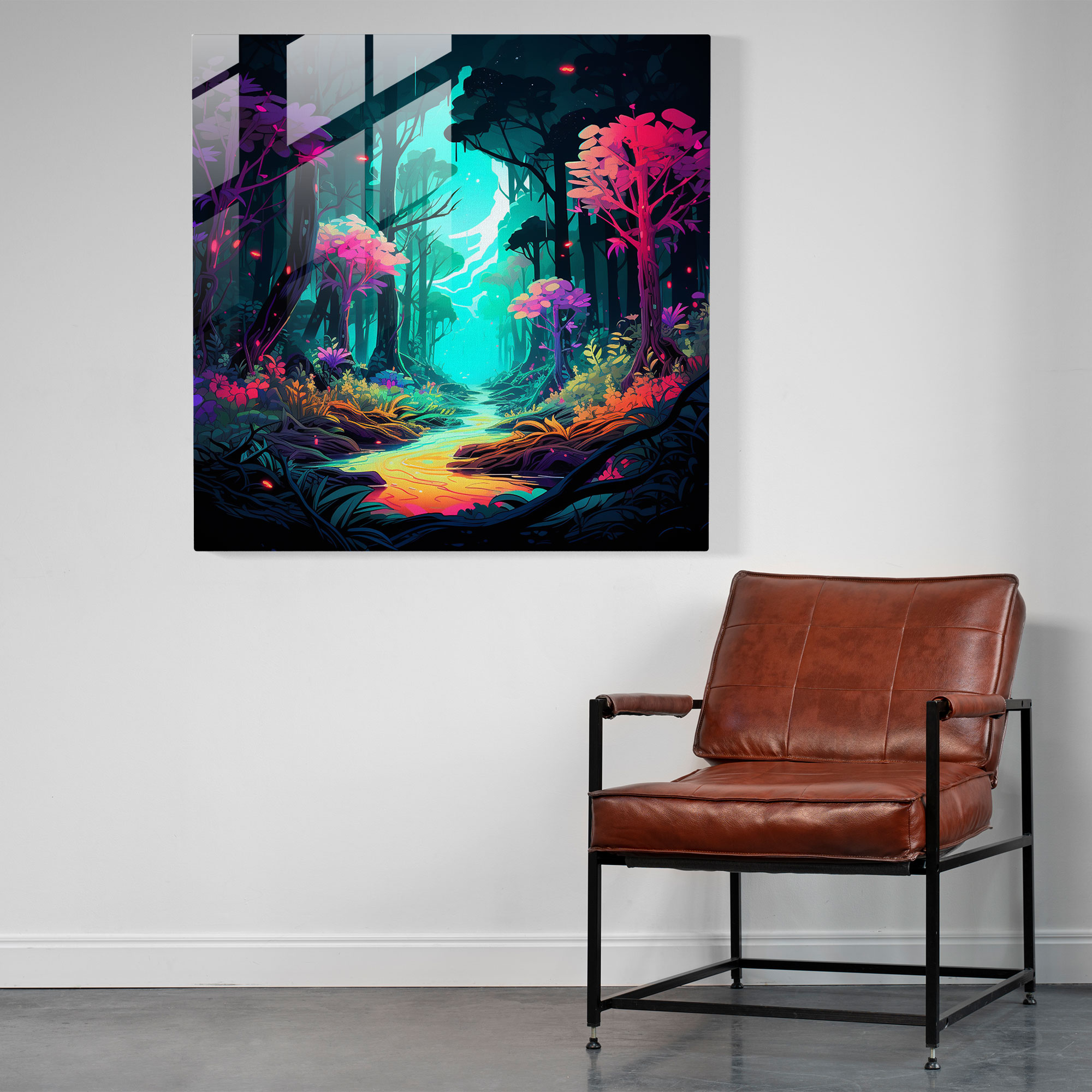 Neon Leaves Glass Print - Leaves, Modern Art, Digital Illustration, Leaves