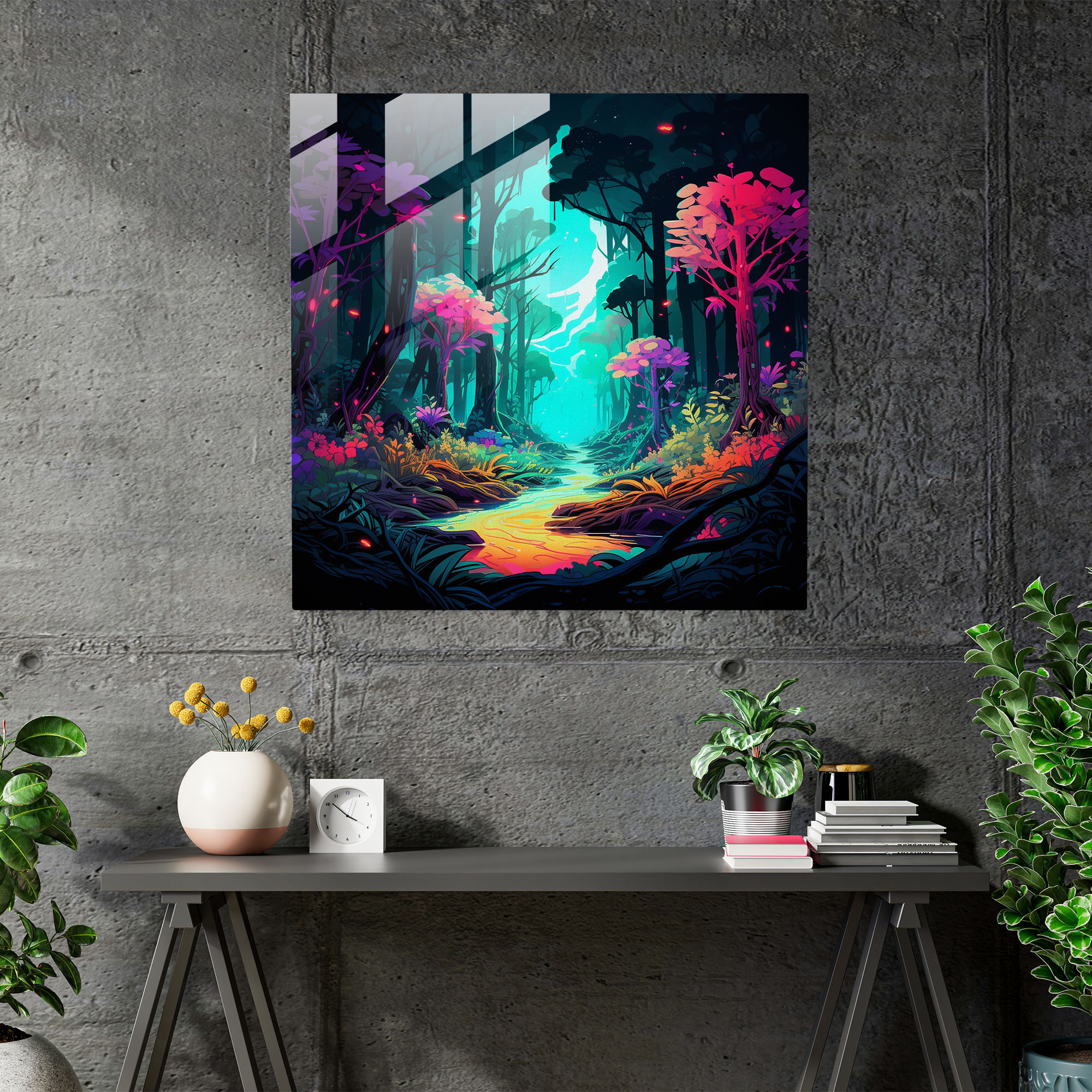 Neon Leaves Glass Print - Leaves, Modern Art, Digital Illustration, Leaves