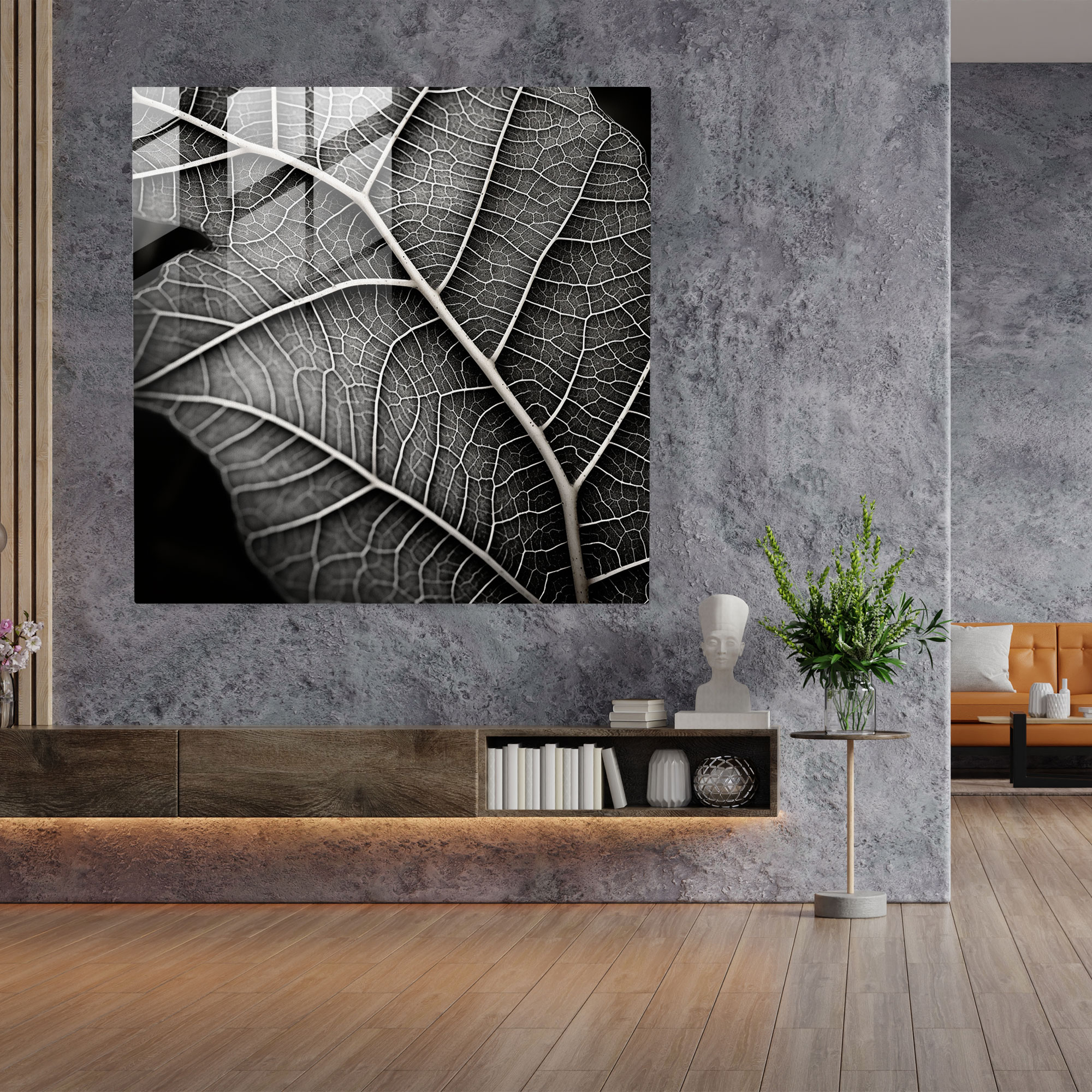 Vein Harmony Glass Print - Leaves, Black And White Filter, Glass Wall Art, Wall Decoration