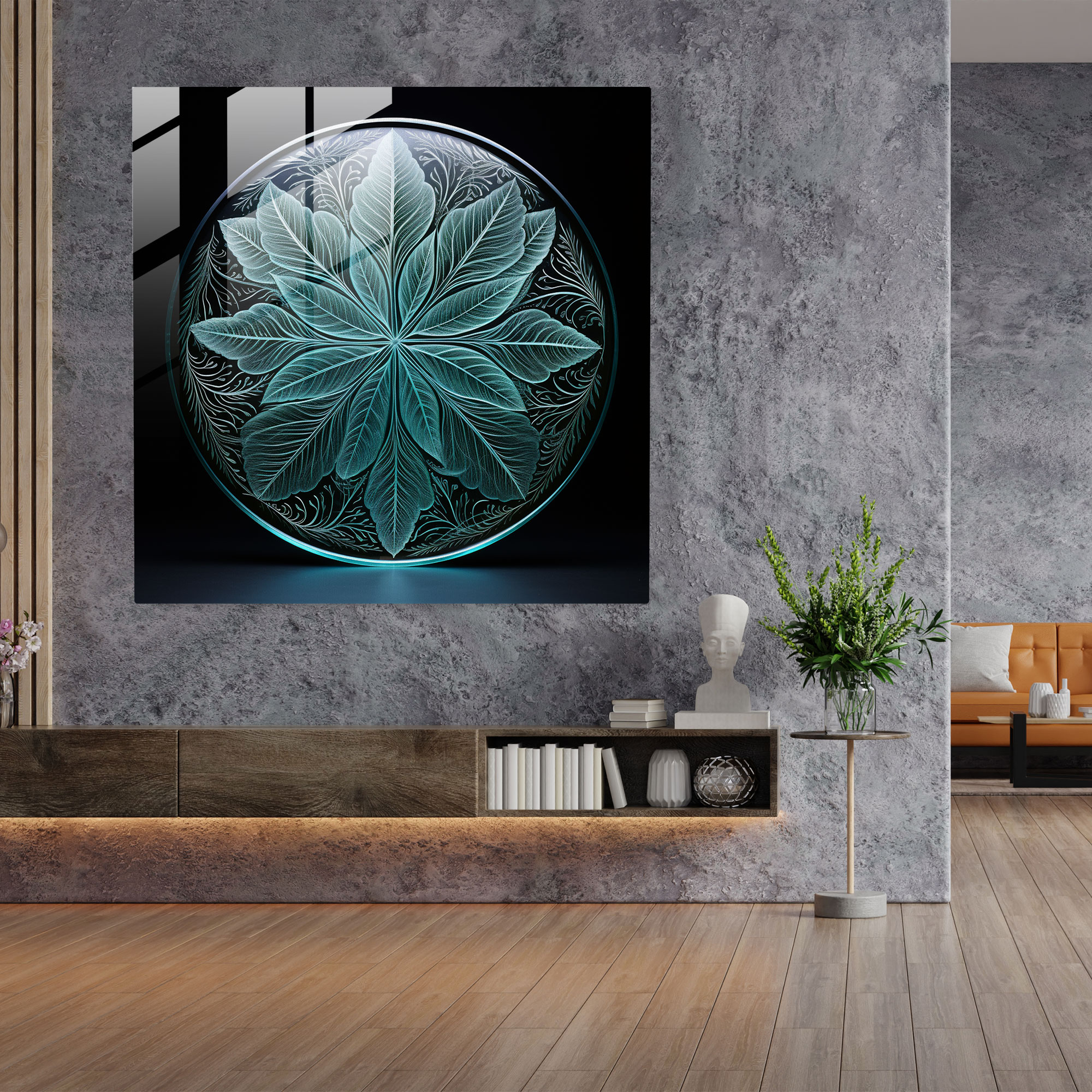 Symmetry Leaves Glass Art - Leaves, Leaves, Wall Decoration, Engraved Glass Artwork