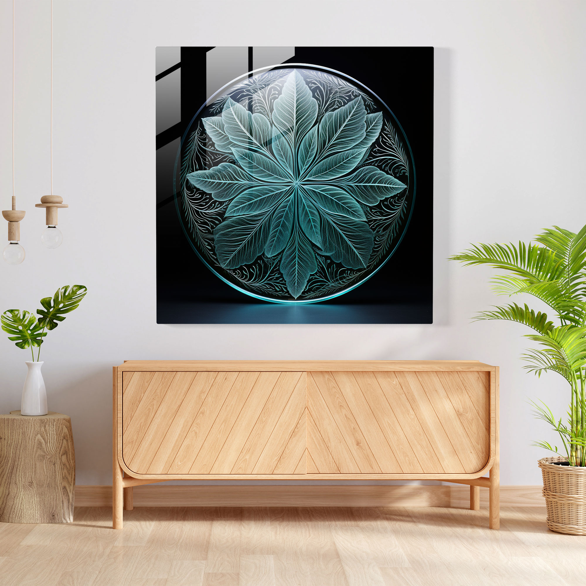 Symmetry Leaves Glass Art - Leaves, Leaves, Wall Decoration, Engraved Glass Artwork