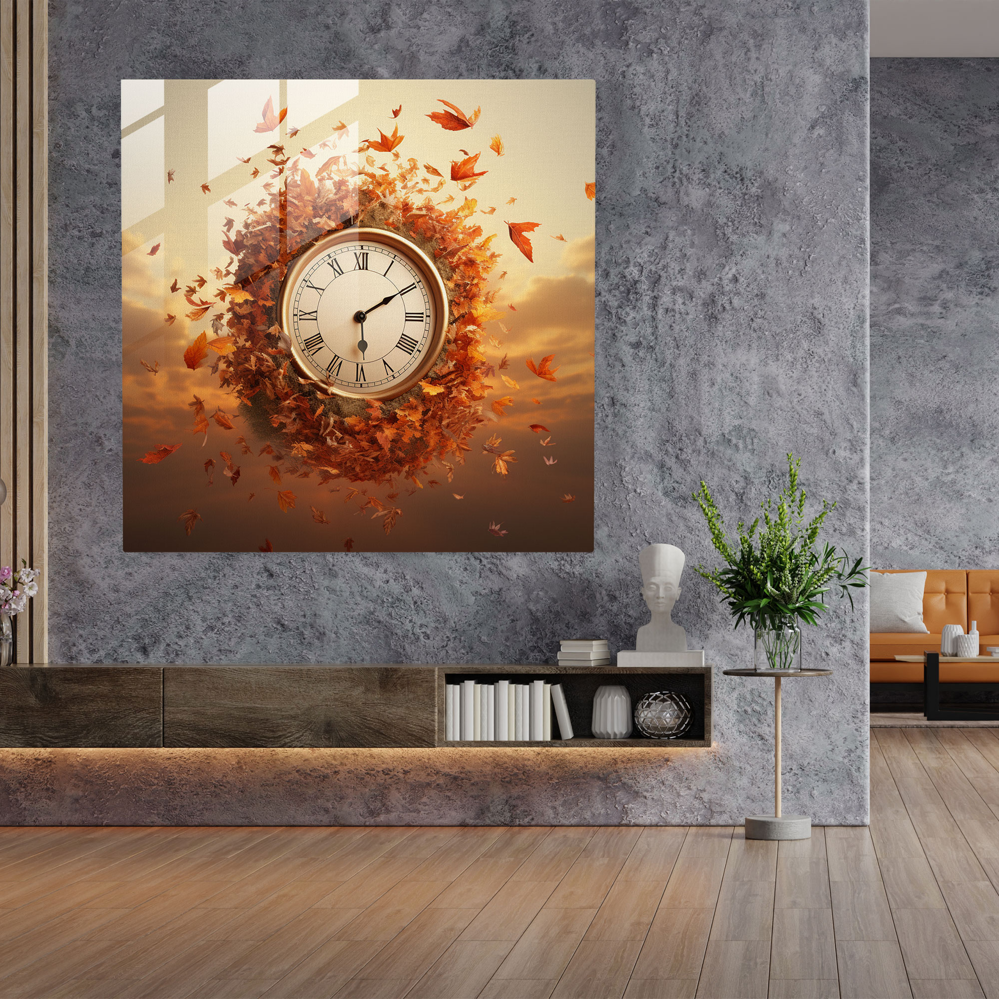Leaves Of Time Glass Wall Art - Leaves, Clock, Glass Art, Leaves