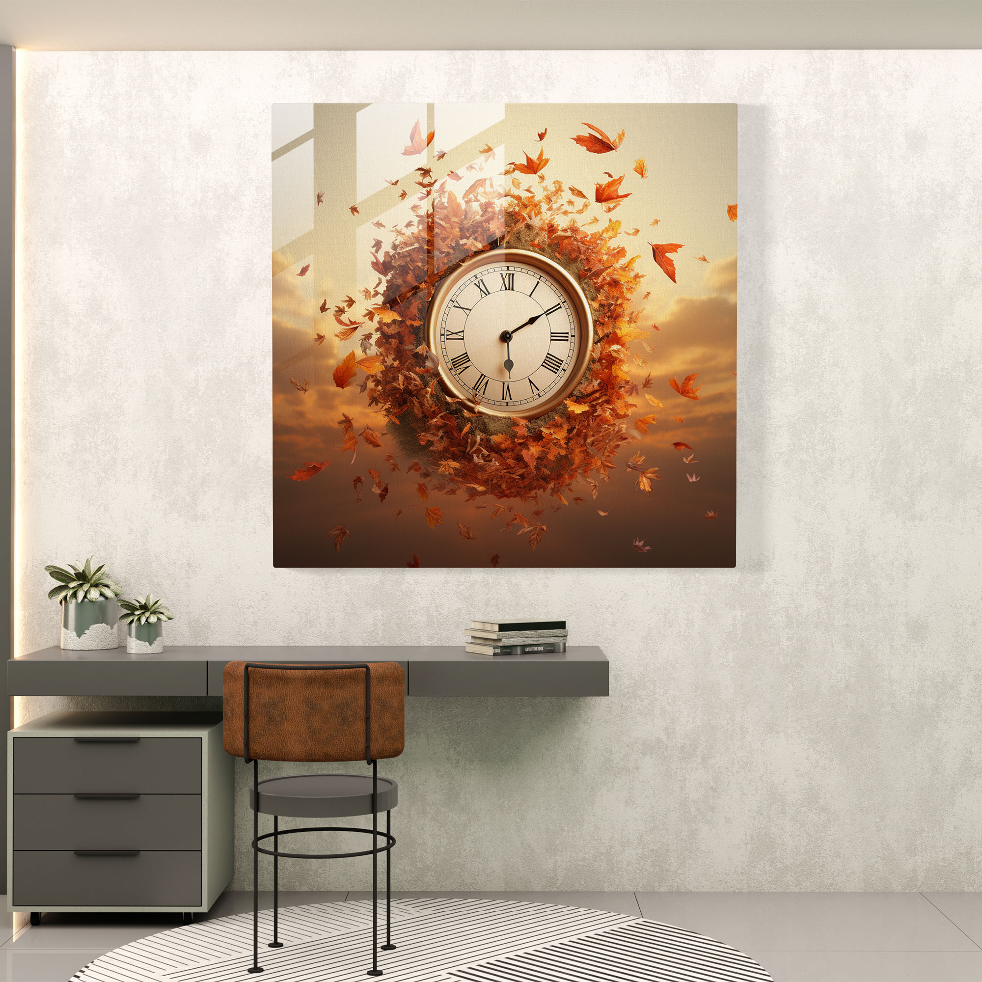 Leaves Of Time Glass Wall Art - Leaves, Clock, Glass Art, Leaves