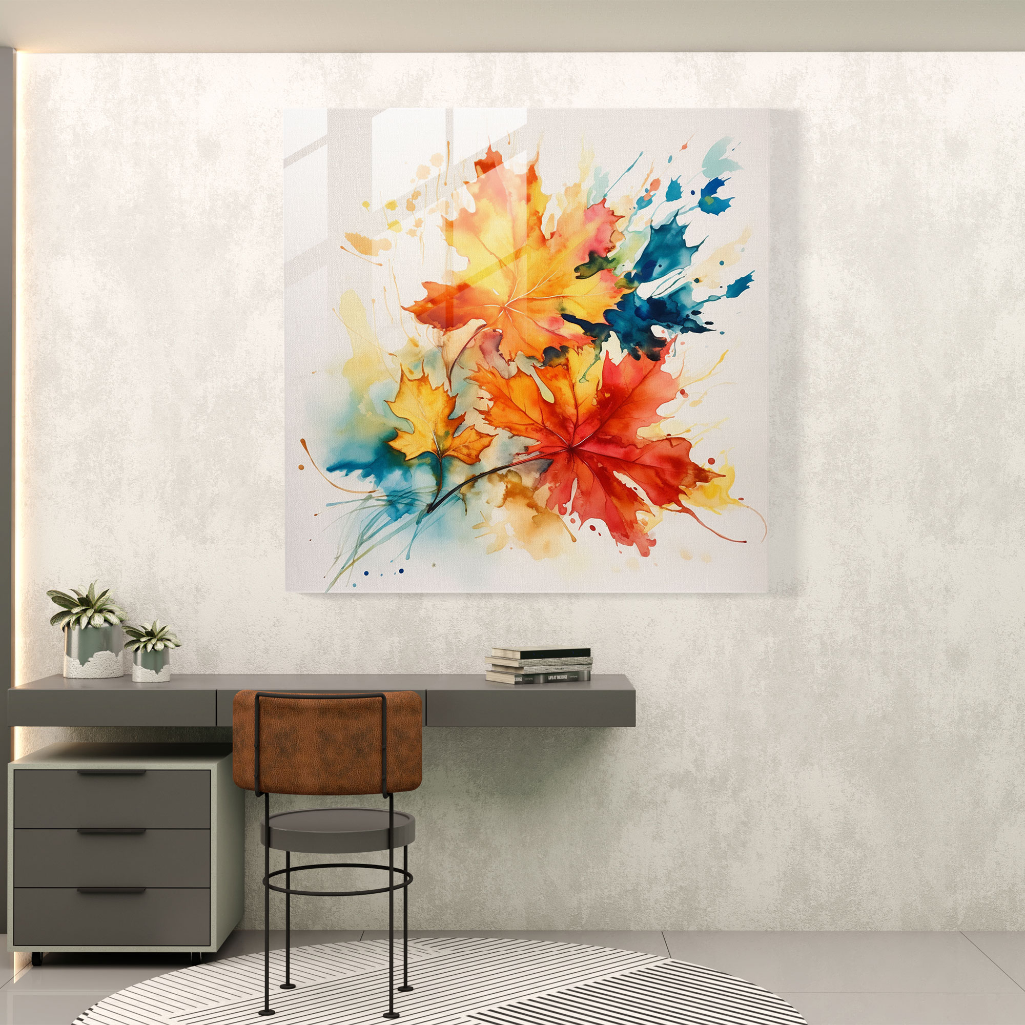 Vibrant Autumn Leaves Glass Print - Leaves, Watercolor Painting, Home Decoration, Glass Print