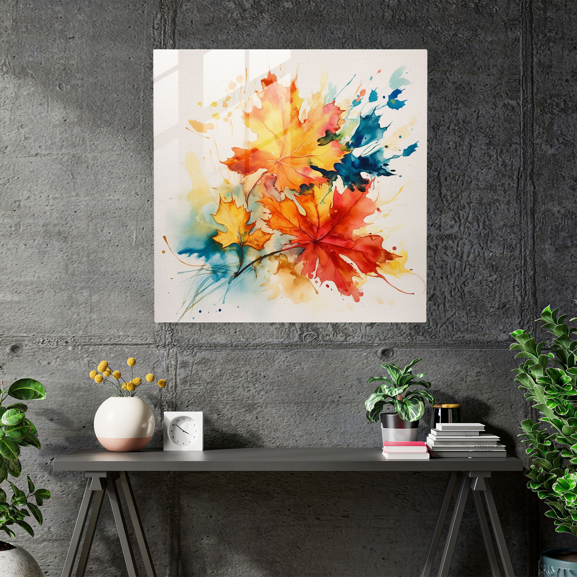 Vibrant Autumn Leaves Glass Print - Leaves, Watercolor Painting, Home Decoration, Glass Print
