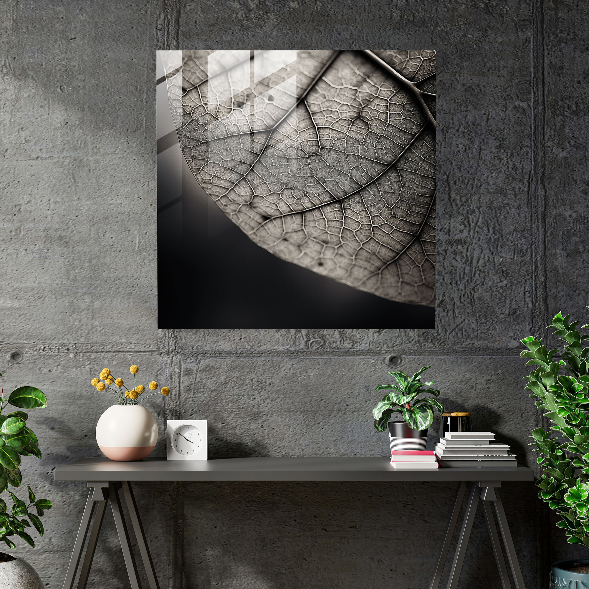 Feingliedriges Blattglasbild - Blätter Glaswandkunst minimalistische Fotografie moderne Kunst