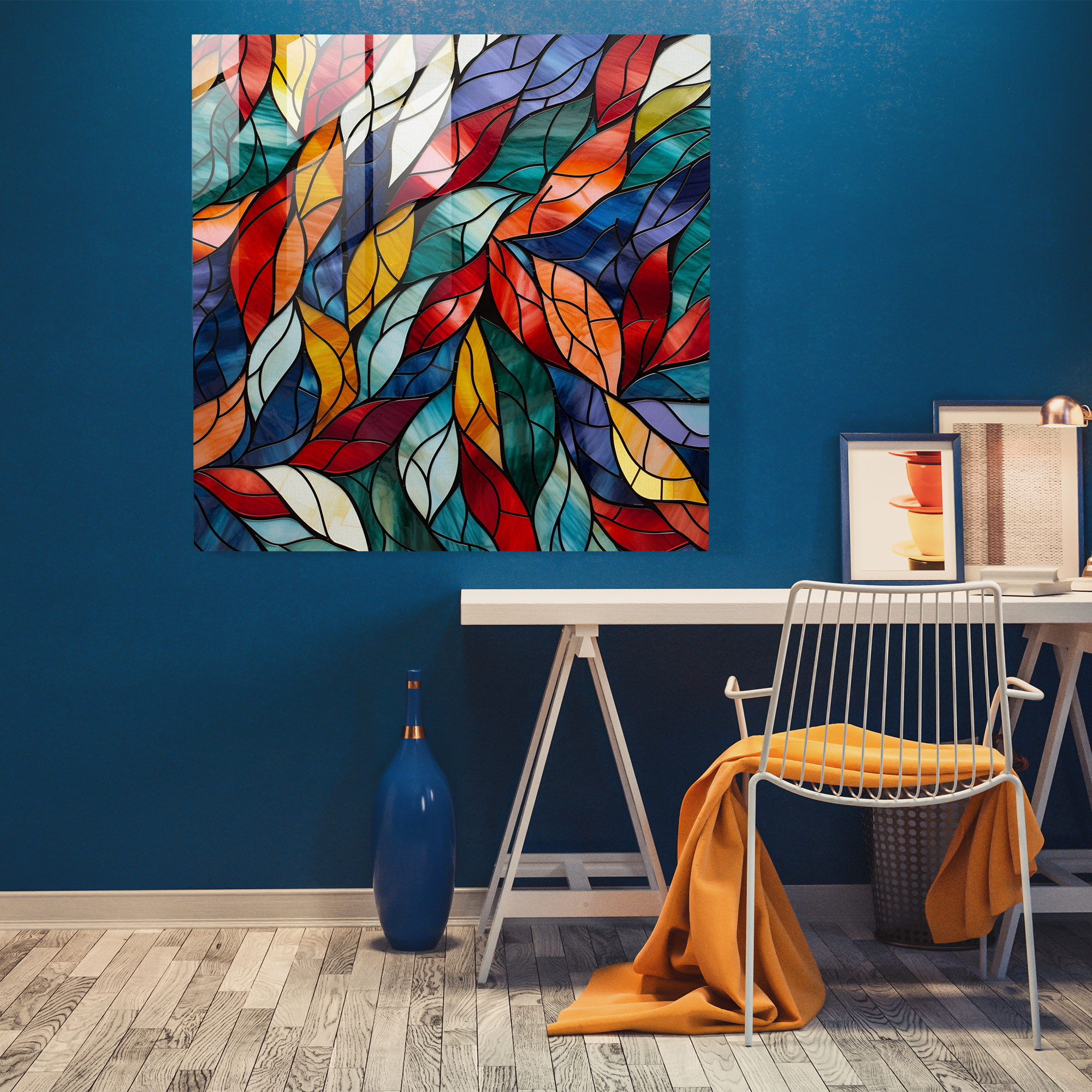 Bold Leaves Glass Wall Art - Leaves, Modern Art, Geometric Glass Mosaic, Bold Colors
