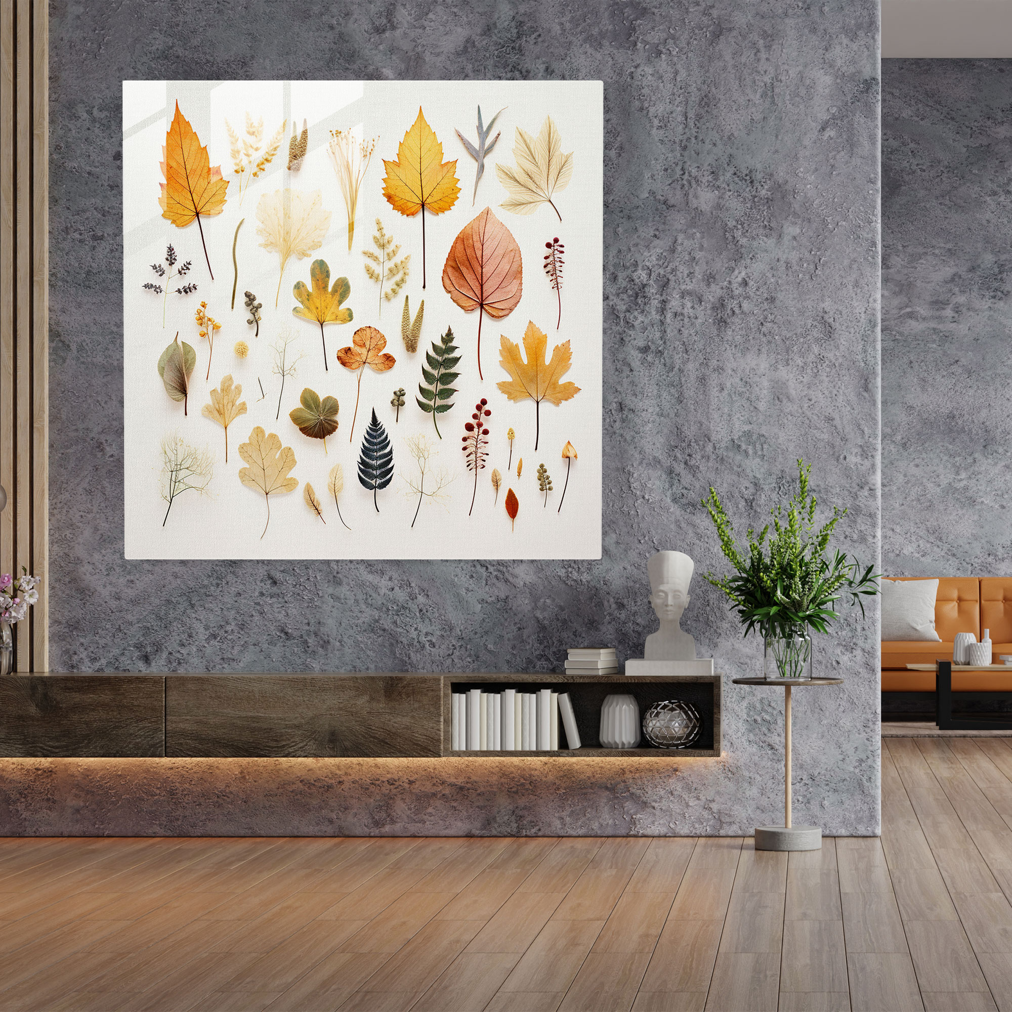 Glasbild mit gepressten Blättern - Blätter Glas Naturinspirierte Dekoration