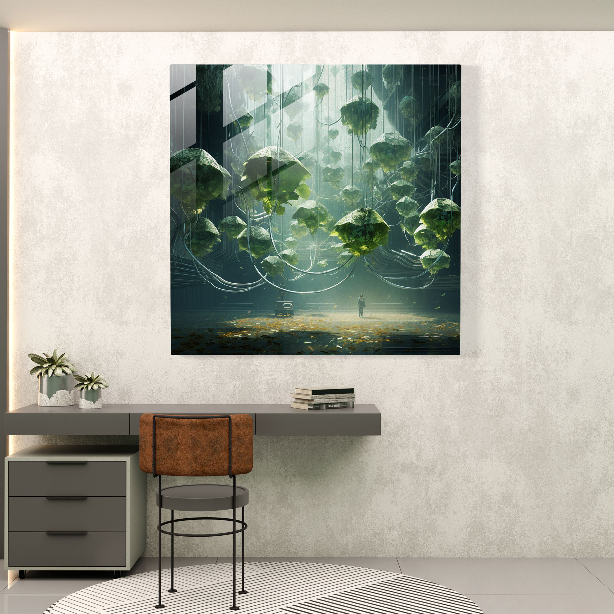 Sci-Fi Leaves Glass Print - Leaves, Home Decoration, Leaves, Futuristic Digital Art