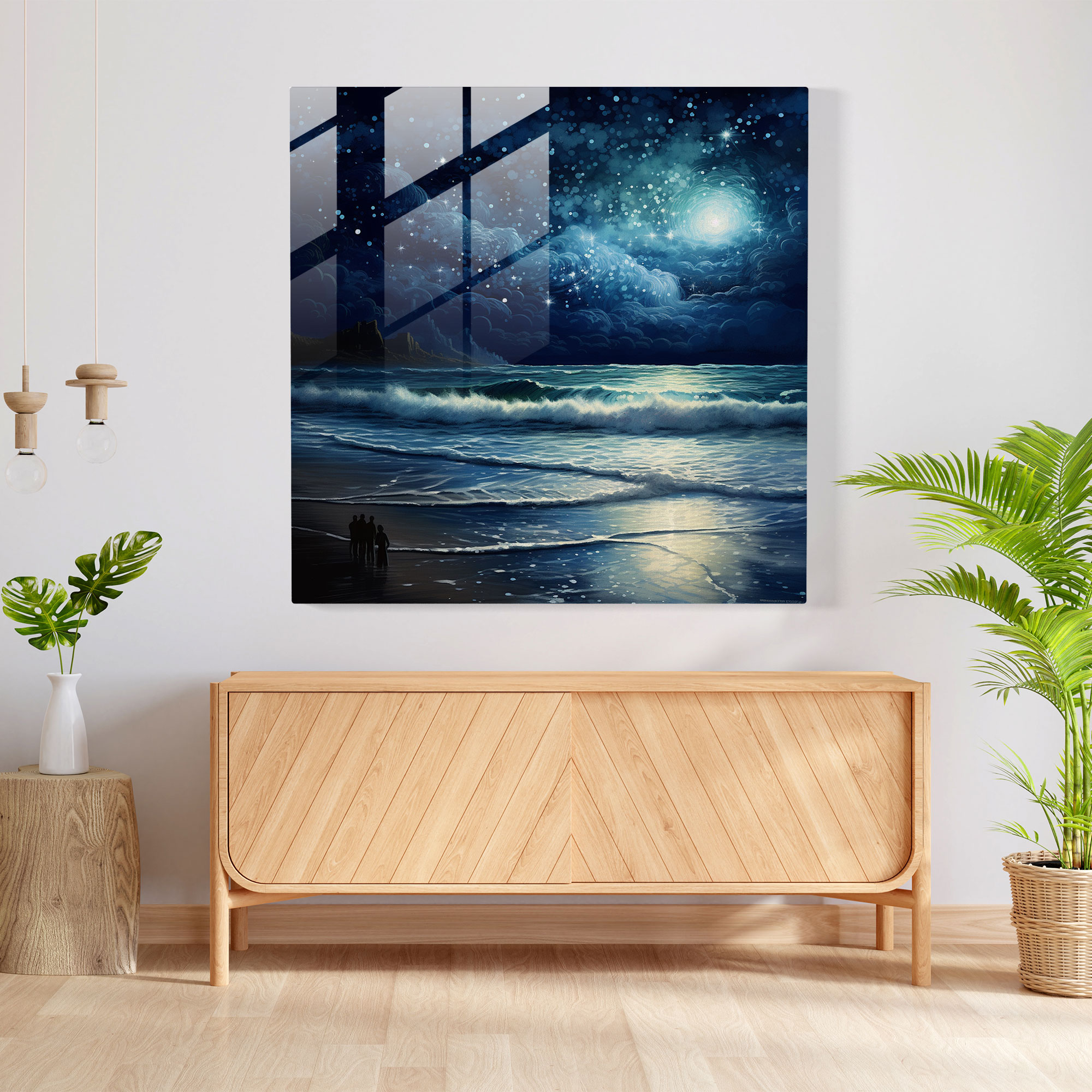 Midnight Beach Glass Print - Midnight, Modern Art, Beach Scene, Home Decoration
