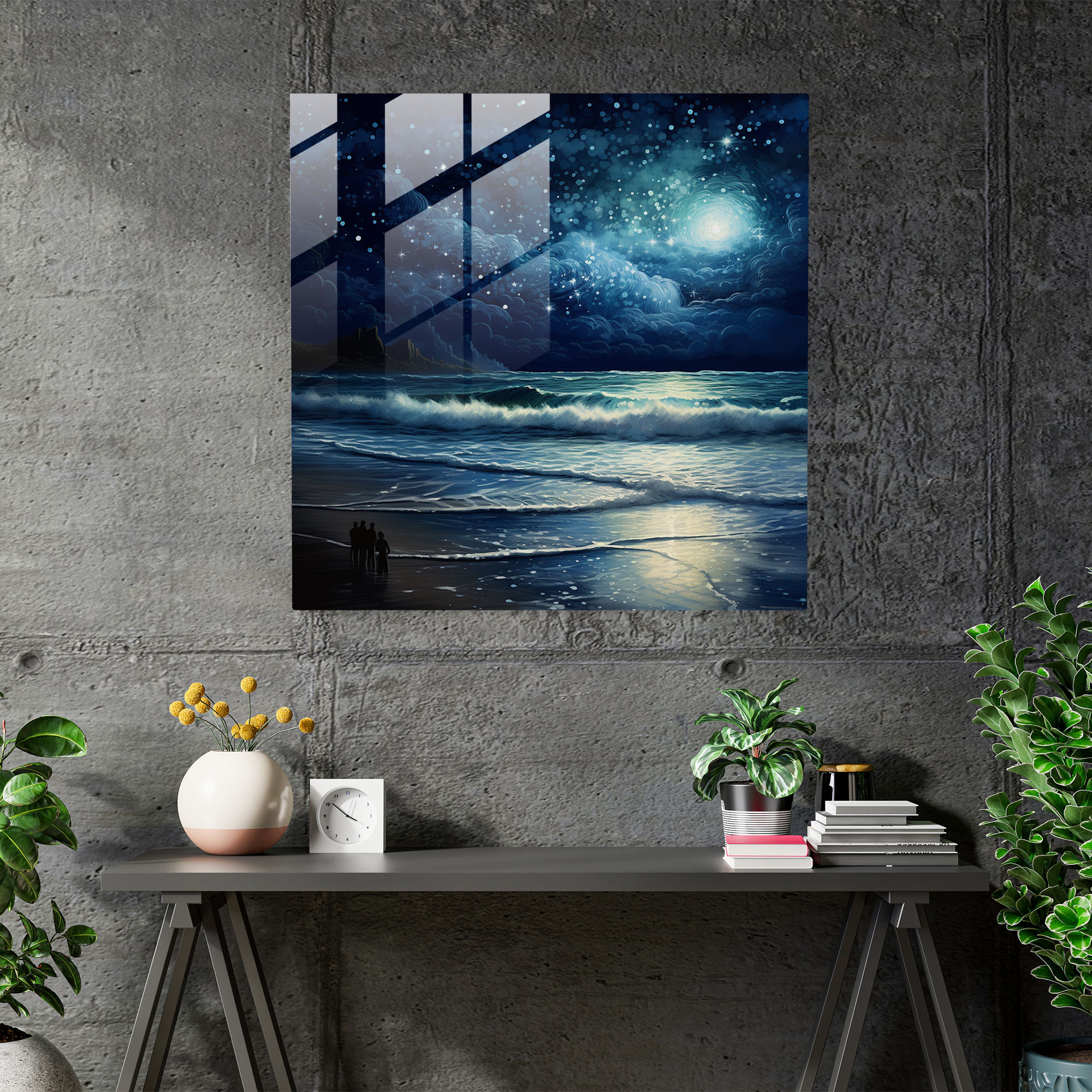 Midnight Beach Glass Print - Midnight, Modern Art, Beach Scene, Home Decoration
