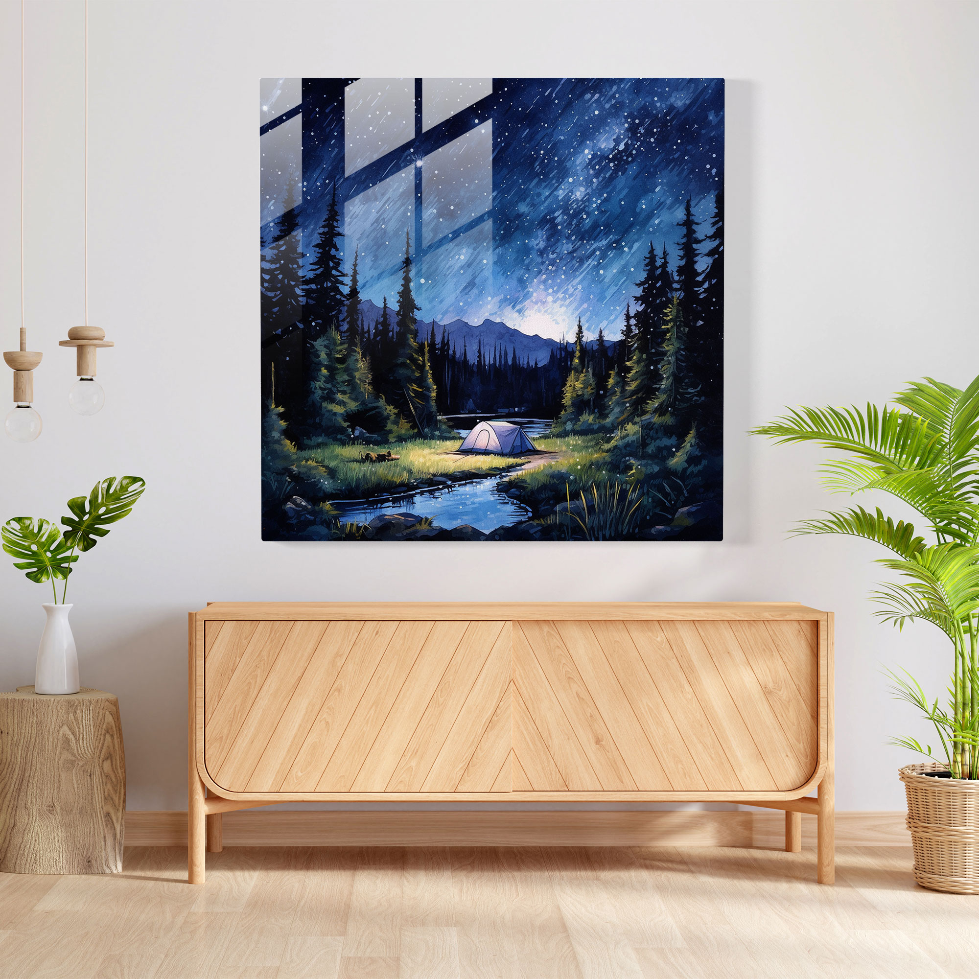 Gece Sereni Cam Tablo - Gece Modern Sanat Cam Duvar Sanatı Yıldızlı Gece Gökyüzü