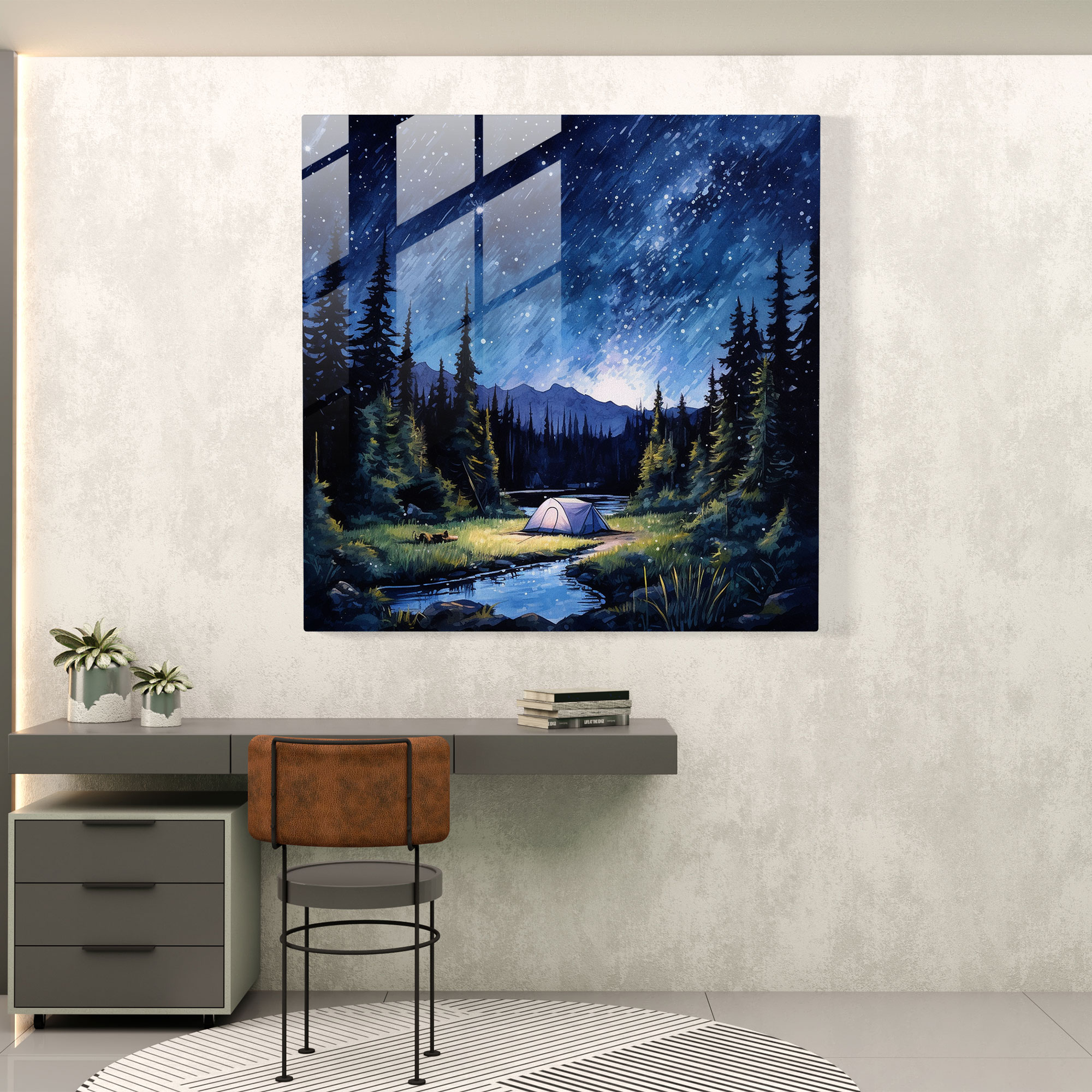Gece Sereni Cam Tablo - Gece Modern Sanat Cam Duvar Sanatı Yıldızlı Gece Gökyüzü