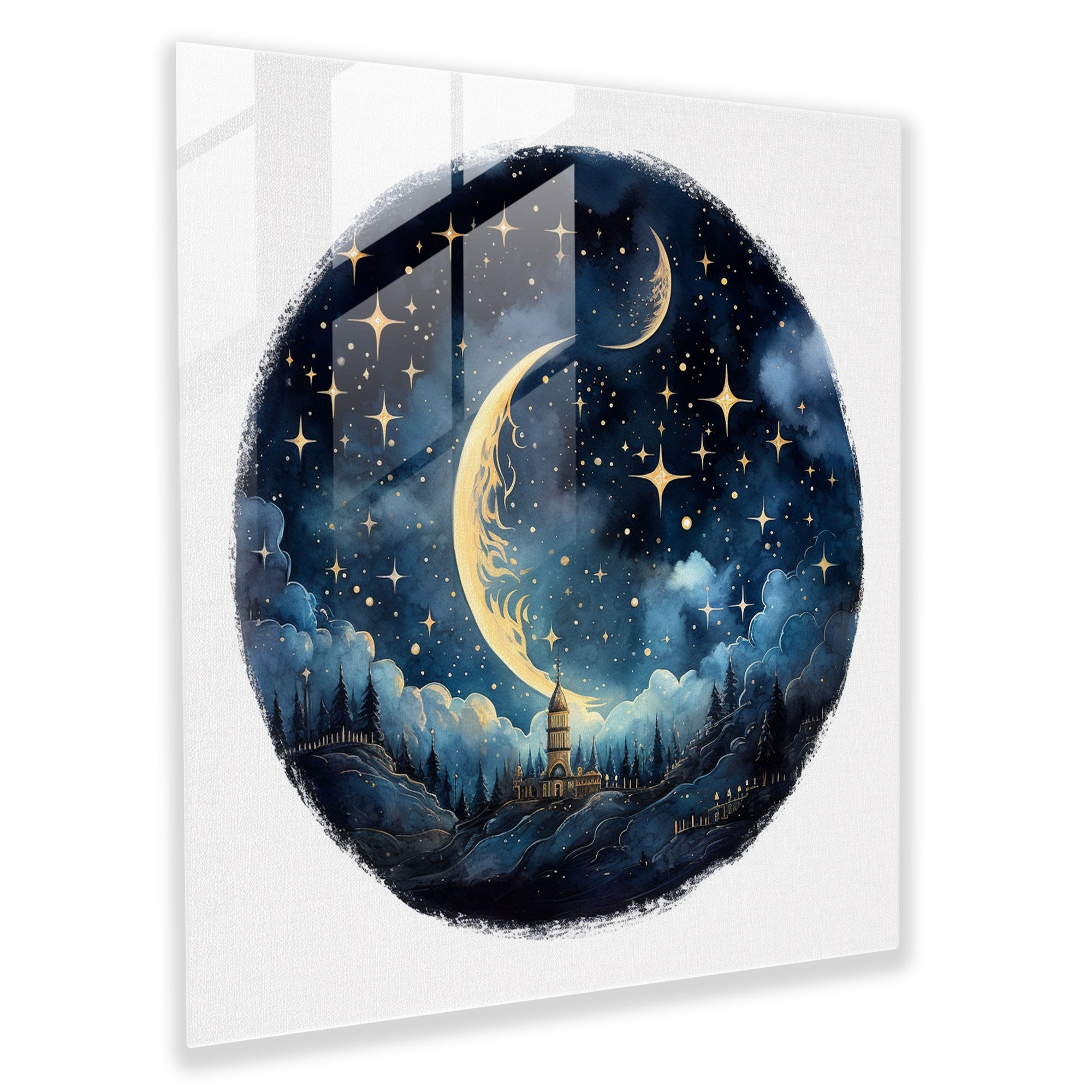 Midnight Dreams Glass Print - Midnight, Modern Art, Magic, Watercolor Illustration