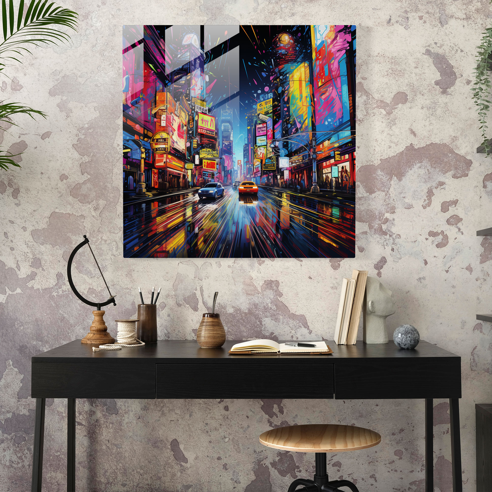 Geceyarısı Neon Işıklar Cam Tablo - Geceyarısı Heyecan Canlı Gece