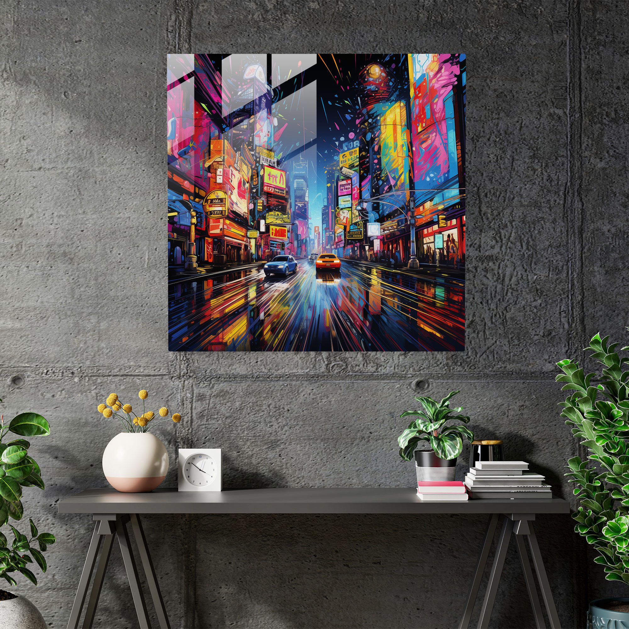 Geceyarısı Neon Işıklar Cam Tablo - Geceyarısı Heyecan Canlı Gece